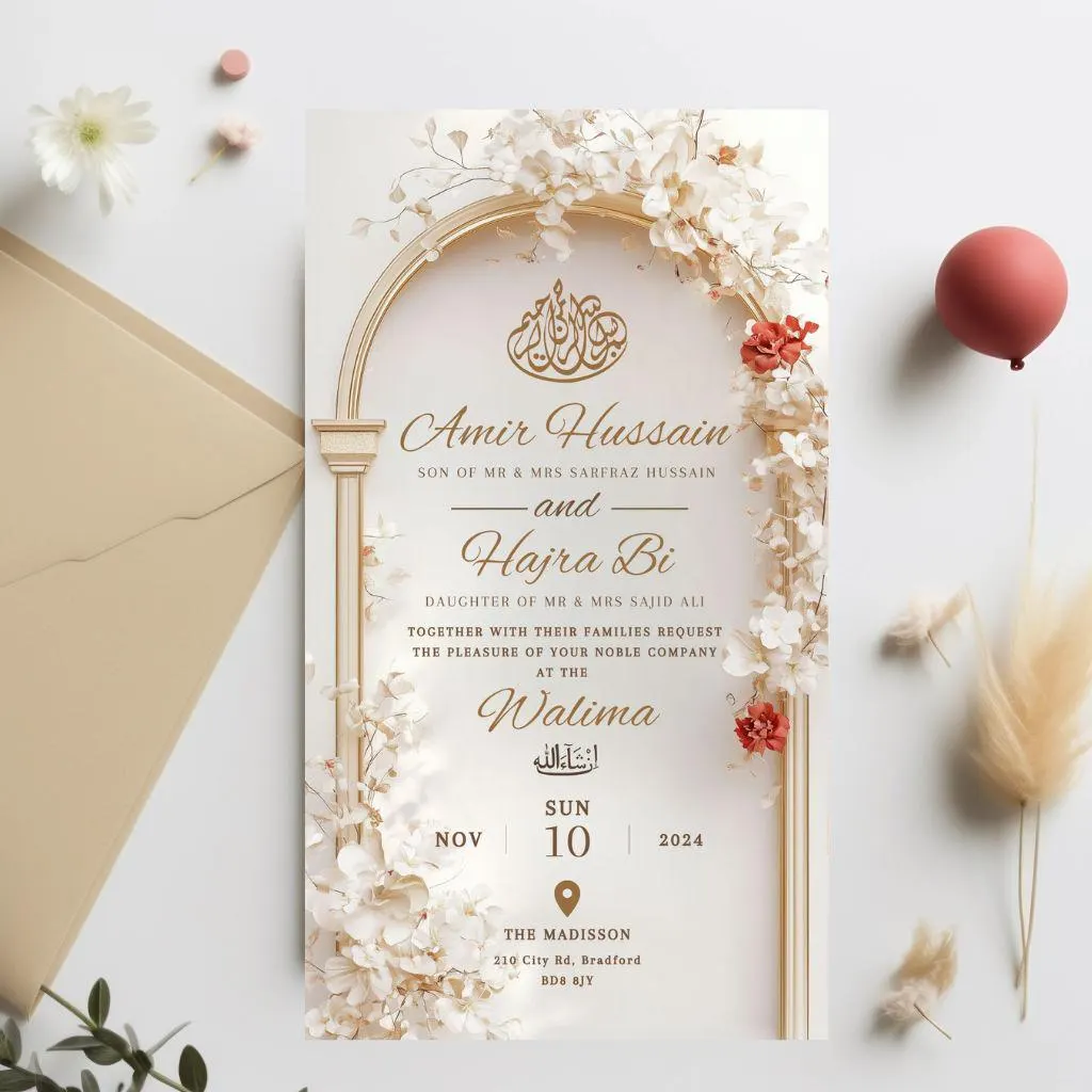 Digital Muslim Wedding Invitation Template, Electronic Elegant Arch Nikah Invite, Editable Islamic wedding Baraat invite, Cream Arch invite - image 3