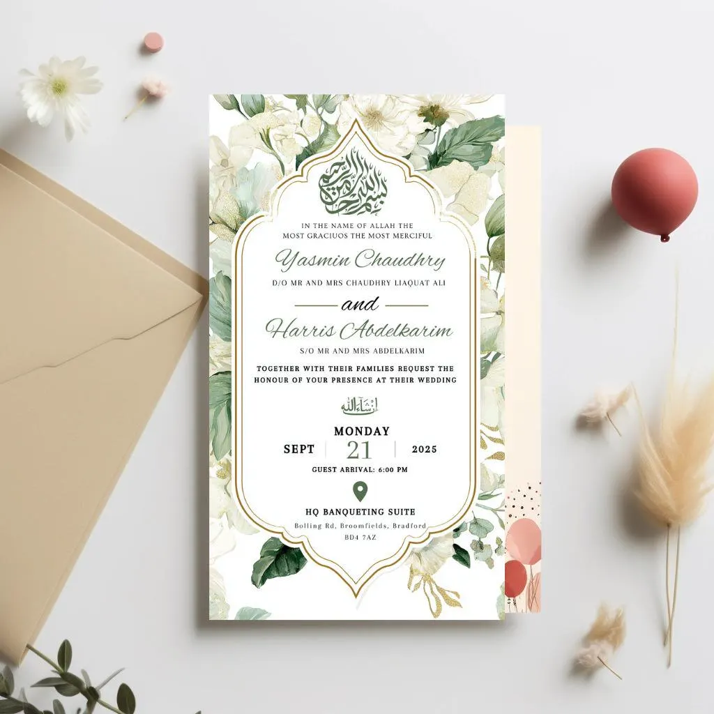 Digital Muslim Wedding Invitation Template, Electronic Green roses Walima Invitation, Editable Islamic wedding invite, Couple illustration