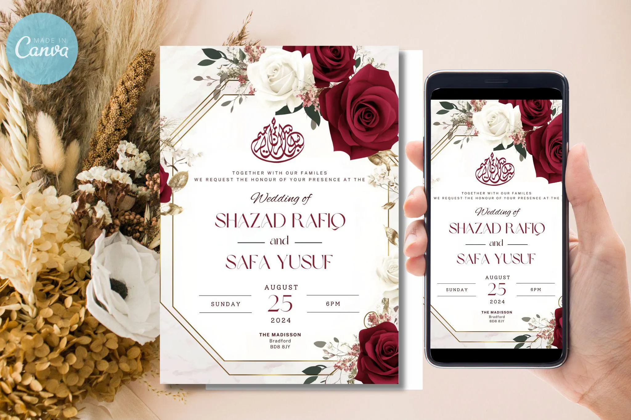 Floral Muslim Wedding Invitation: Red Roses Nikah Evite (Digital Download) - image 4