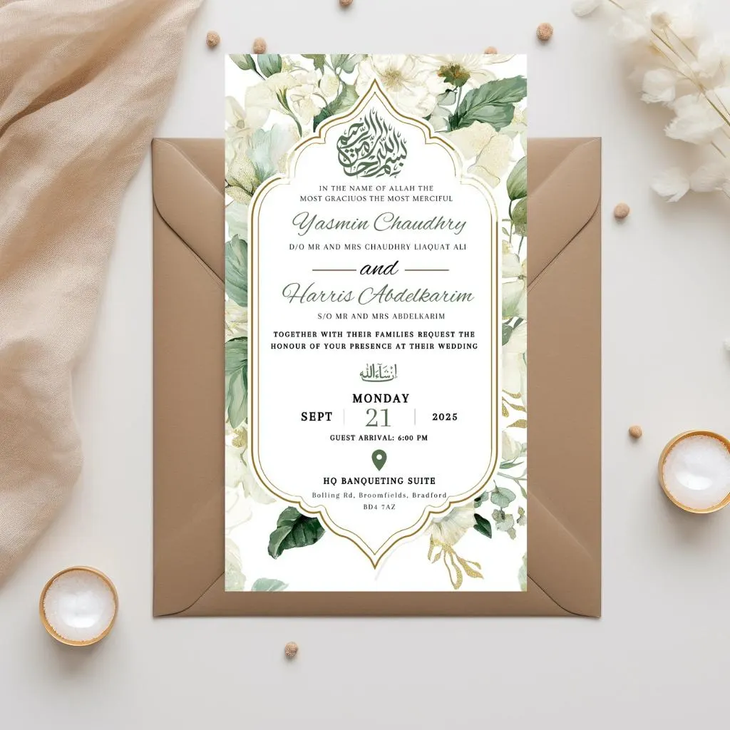 Digital Muslim Wedding Invitation Template, Electronic Green roses Walima Invitation, Editable Islamic wedding invite, Couple illustration - image 5