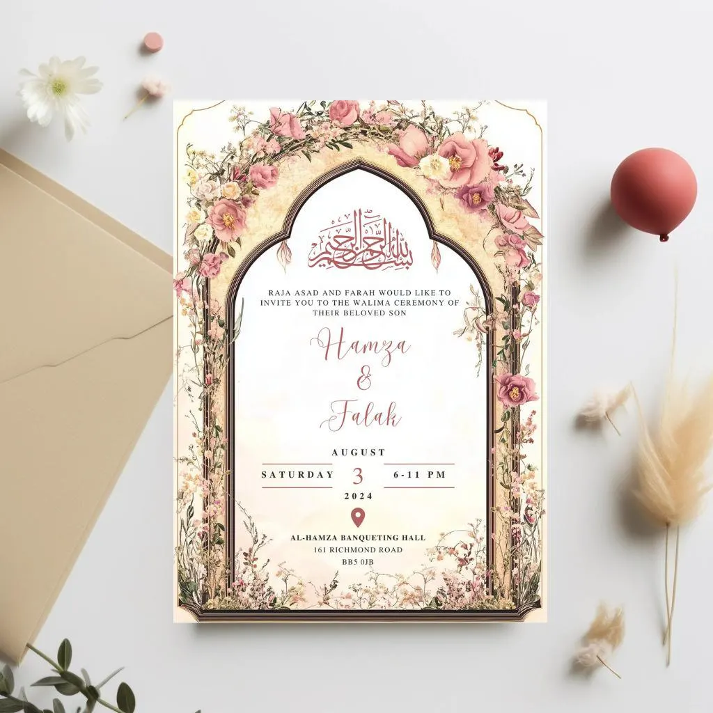Digital Muslim Wedding Invitation Template, Floral Pink Beige Elegant Mughal Nikkah Invite, Editable Islamic wedding invite Reception Evite - image 2