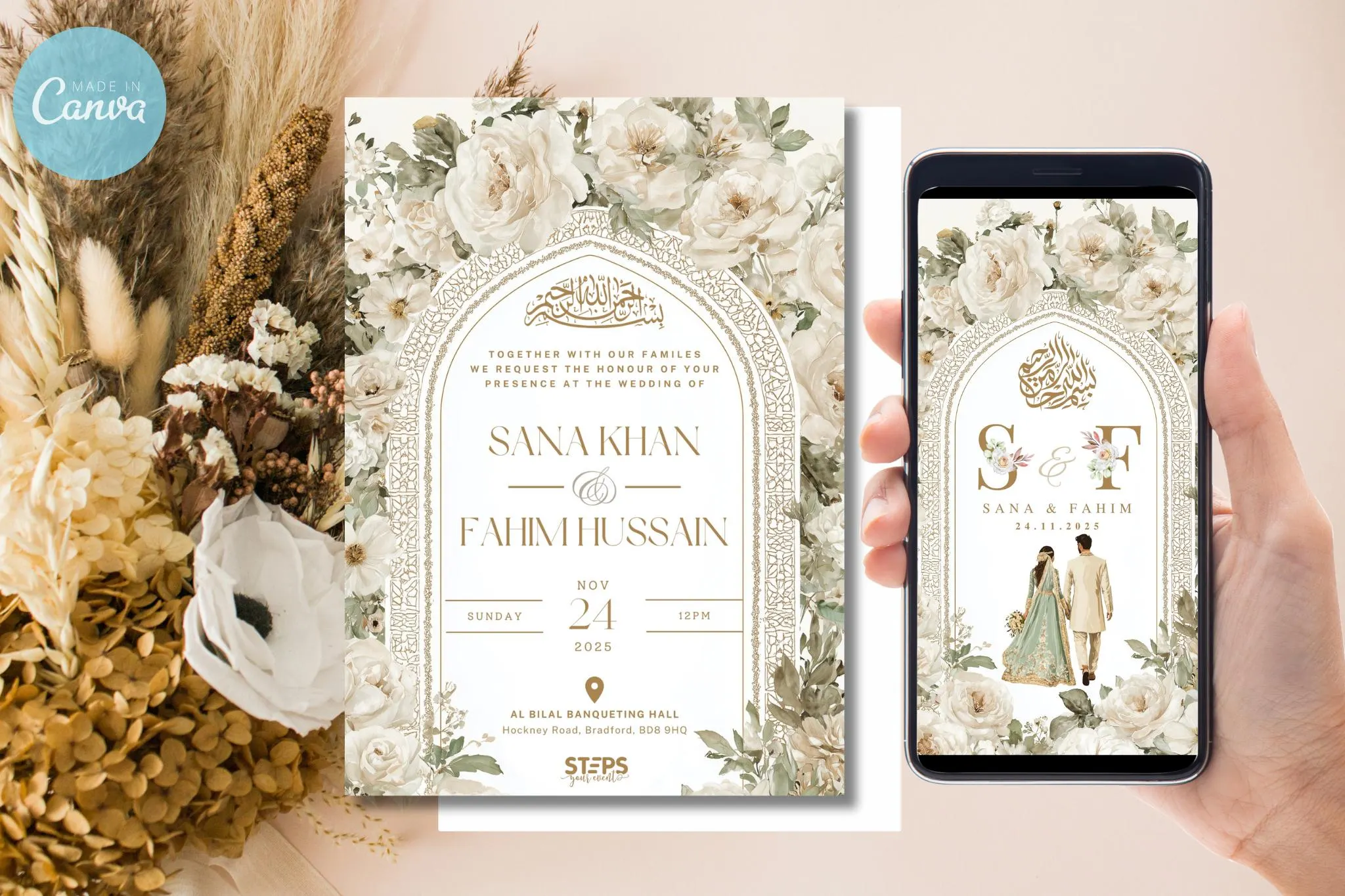 Digital Muslim Wedding Invitation Template, Electronic white roses Walima Invitation, Editable Islamic wedding invite, Neutral nikkah invite