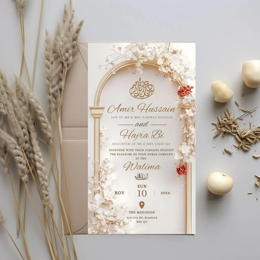 Digital Muslim Wedding Invitation Template, Electronic Elegant Arch Nikah Invite, Editable Islamic wedding Baraat invite, Cream Arch invite - image 4