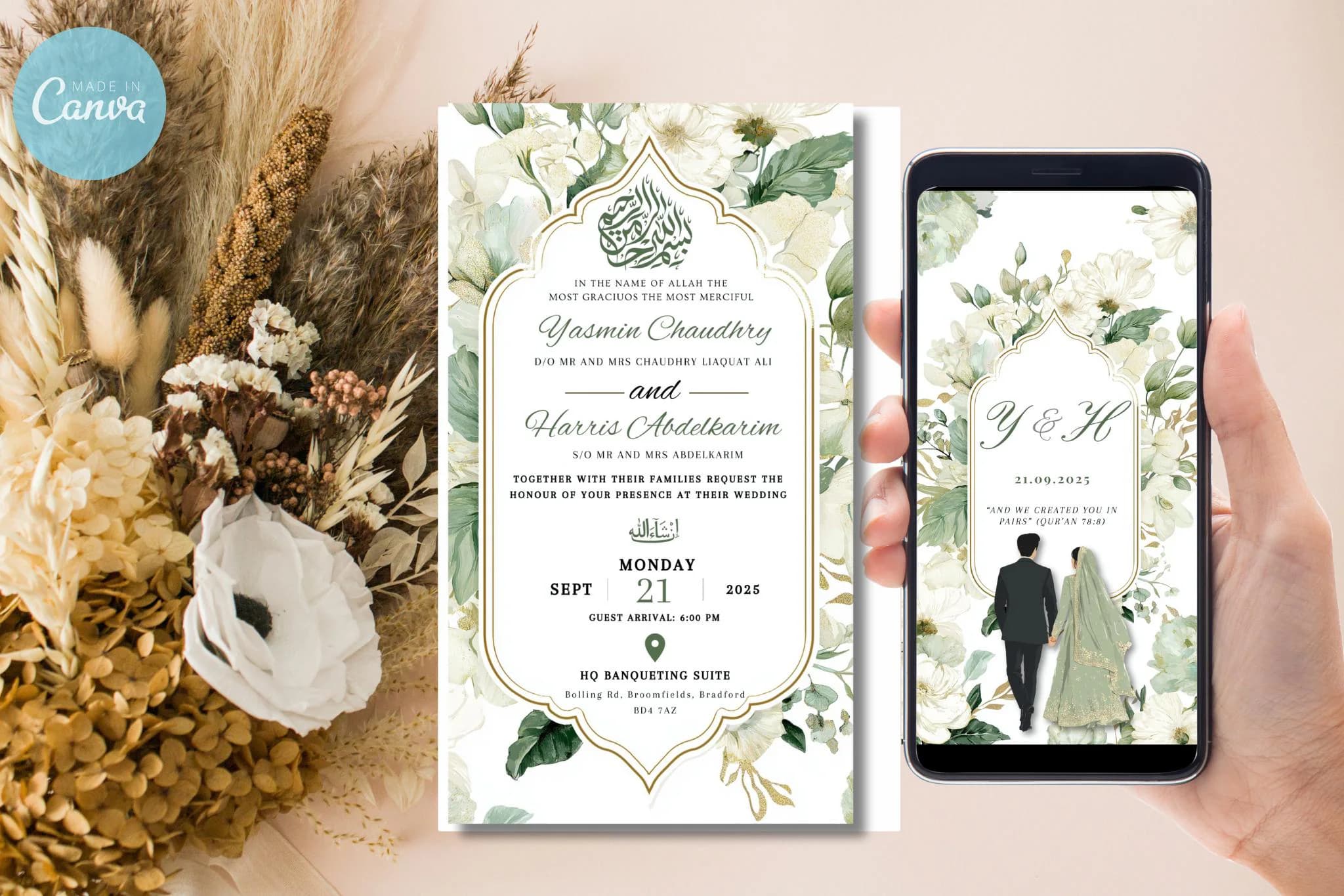 Digital Muslim Wedding Invitation Template, Electronic Green roses Walima Invitation, Editable Islamic wedding invite, Couple illustration - image 3