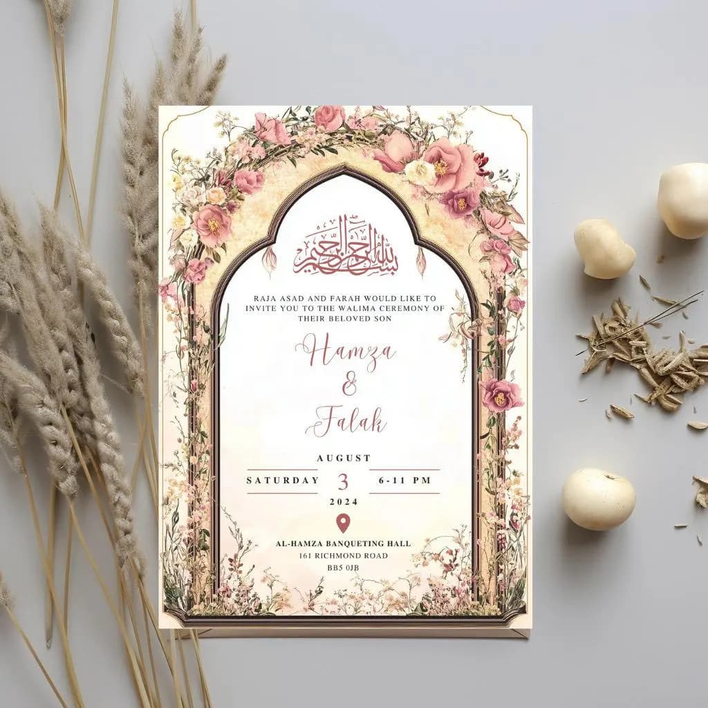 Digital Muslim Wedding Invitation Template, Floral Pink Beige Elegant Mughal Nikkah Invite, Editable Islamic wedding invite Reception Evite - image 3