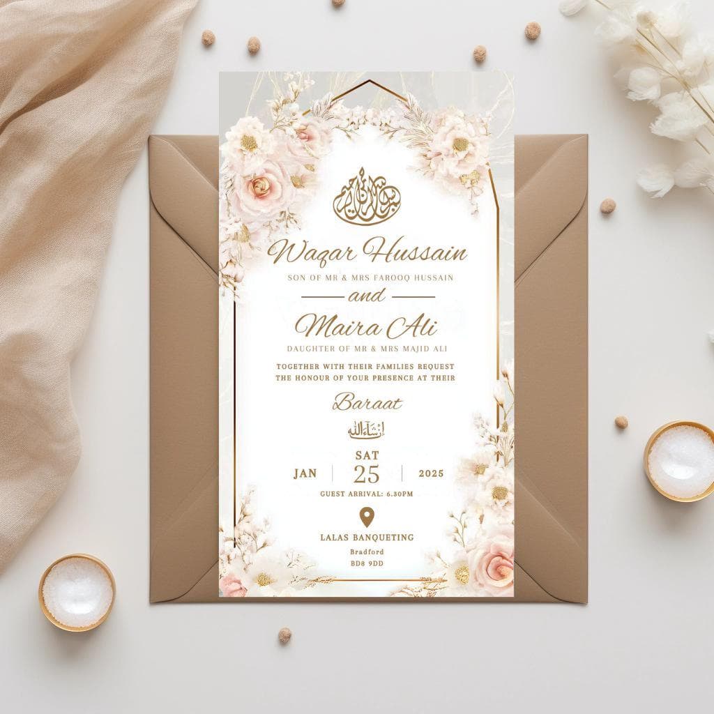 Elegant Arch Muslim Wedding Invitation: Pink Floral Nikah Invite (Digital Download)
