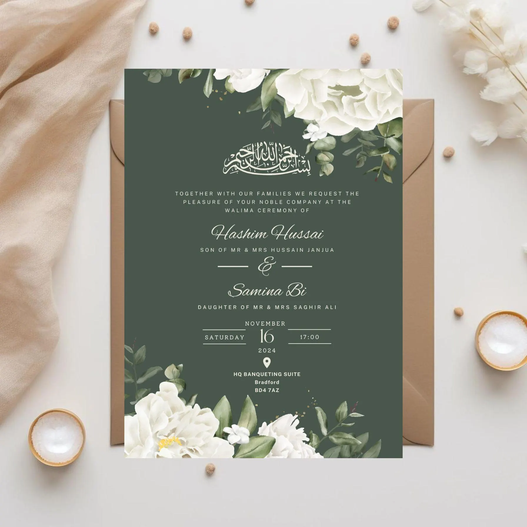 Digital Muslim Wedding Invitation Template, Electronic White roses Walima Invitation, Editable Islamic wedding invite, Couple illustration - image 4