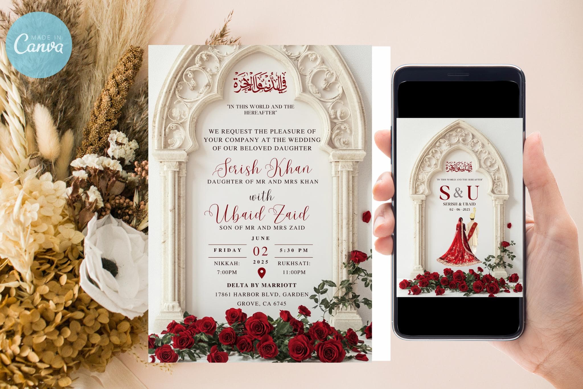 Digital Muslim Wedding Invitation Template, Electronic Elegant Arch Nikah Invite, Editable Islamic wedding Baraat invite, Red Arch invite - image 3