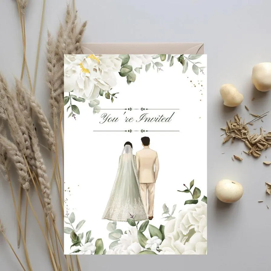 Digital Muslim Wedding Invitation Template, Electronic White roses Walima Invitation, Editable Islamic wedding invite, Couple illustration - image 5