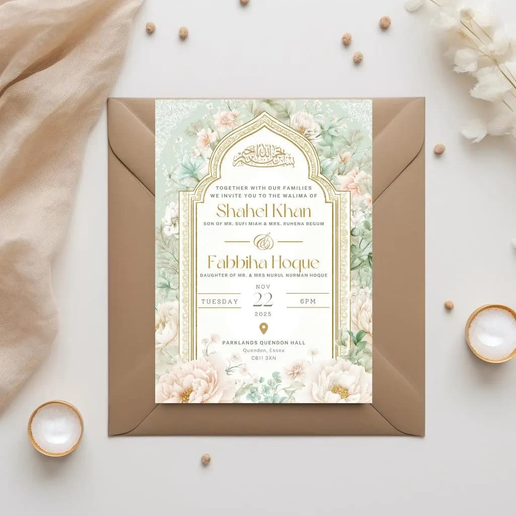 Digital Muslim Wedding Invitation Template, Green White roses Walima Invitation, Editable Islamic wedding invite, Nikkah invite - image 5