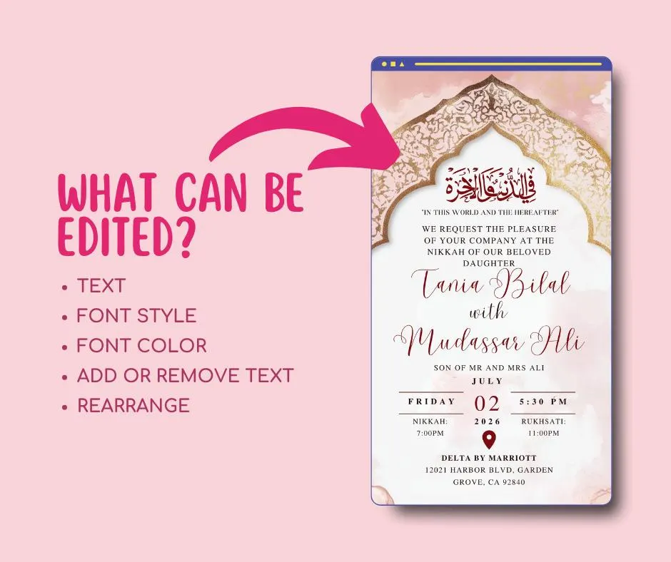 Digital Muslim Wedding Invitation: Elegant Arch Nikah, Floral Watercolor (Canva Template, 5x7, Digital Download) - image 3