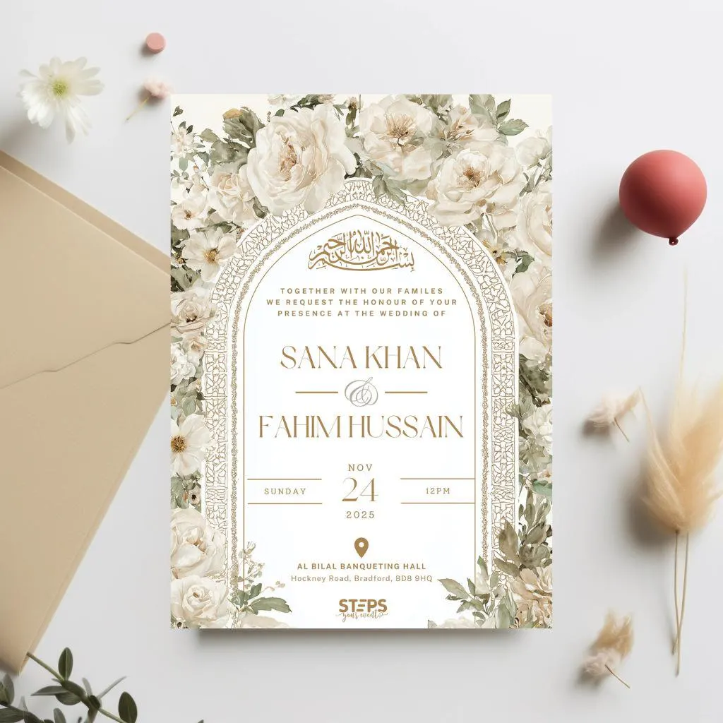 Digital Muslim Wedding Invitation Template, Electronic white roses Walima Invitation, Editable Islamic wedding invite, Neutral nikkah invite - image 3
