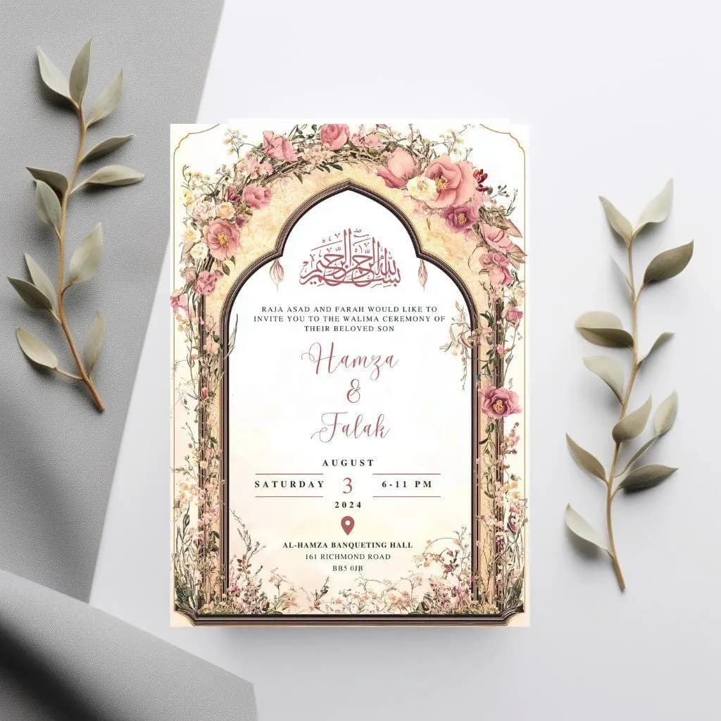 Digital Muslim Wedding Invitation Template, Floral Pink Beige Elegant Mughal Nikkah Invite, Editable Islamic wedding invite Reception Evite