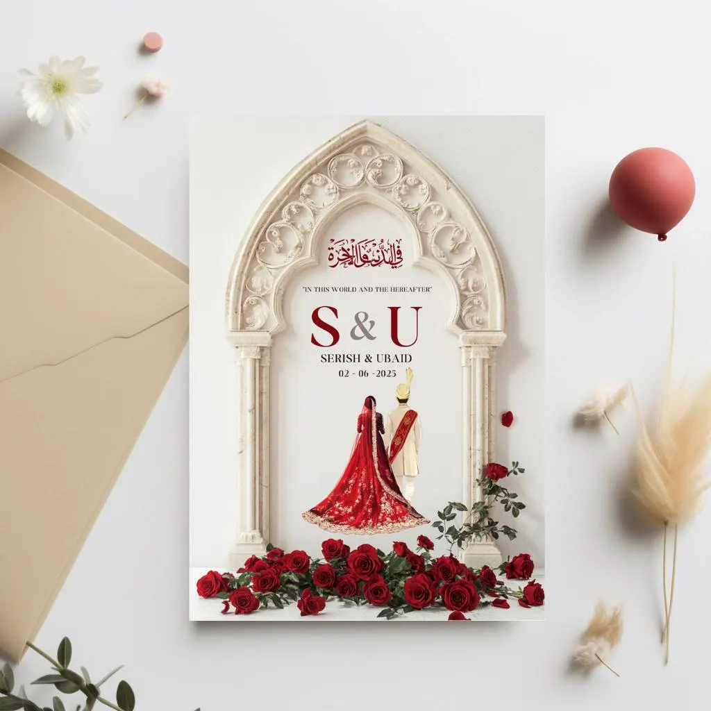 Digital Muslim Wedding Invitation Template, Electronic Elegant Arch Nikah Invite, Editable Islamic wedding Baraat invite, Red Arch invite