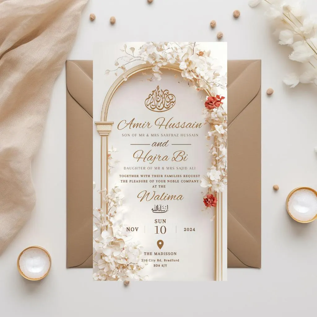 Digital Muslim Wedding Invitation Template, Electronic Elegant Arch Nikah Invite, Editable Islamic wedding Baraat invite, Cream Arch invite - image 5