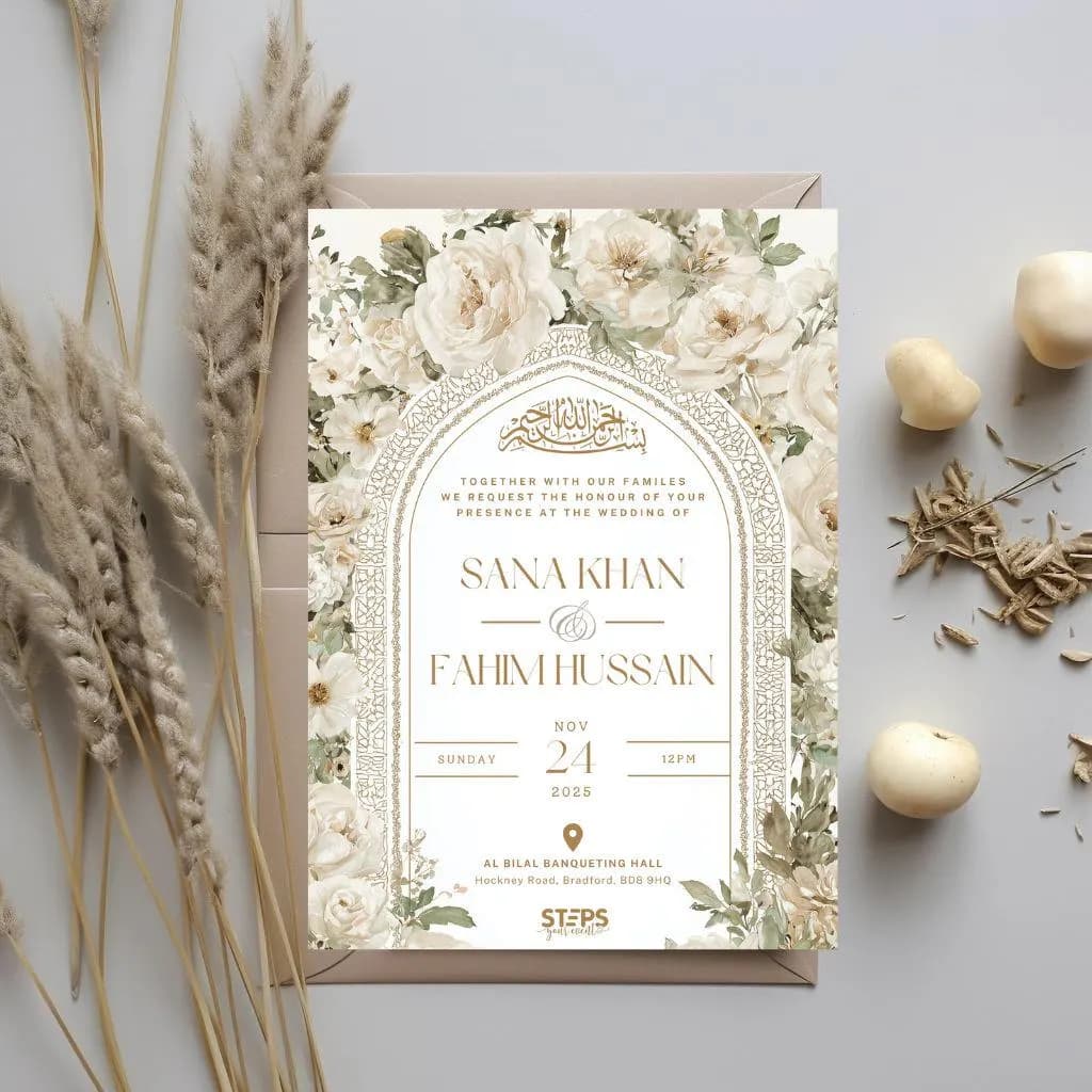 Digital Muslim Wedding Invitation Template, Electronic white roses Walima Invitation, Editable Islamic wedding invite, Neutral nikkah invite - image 5
