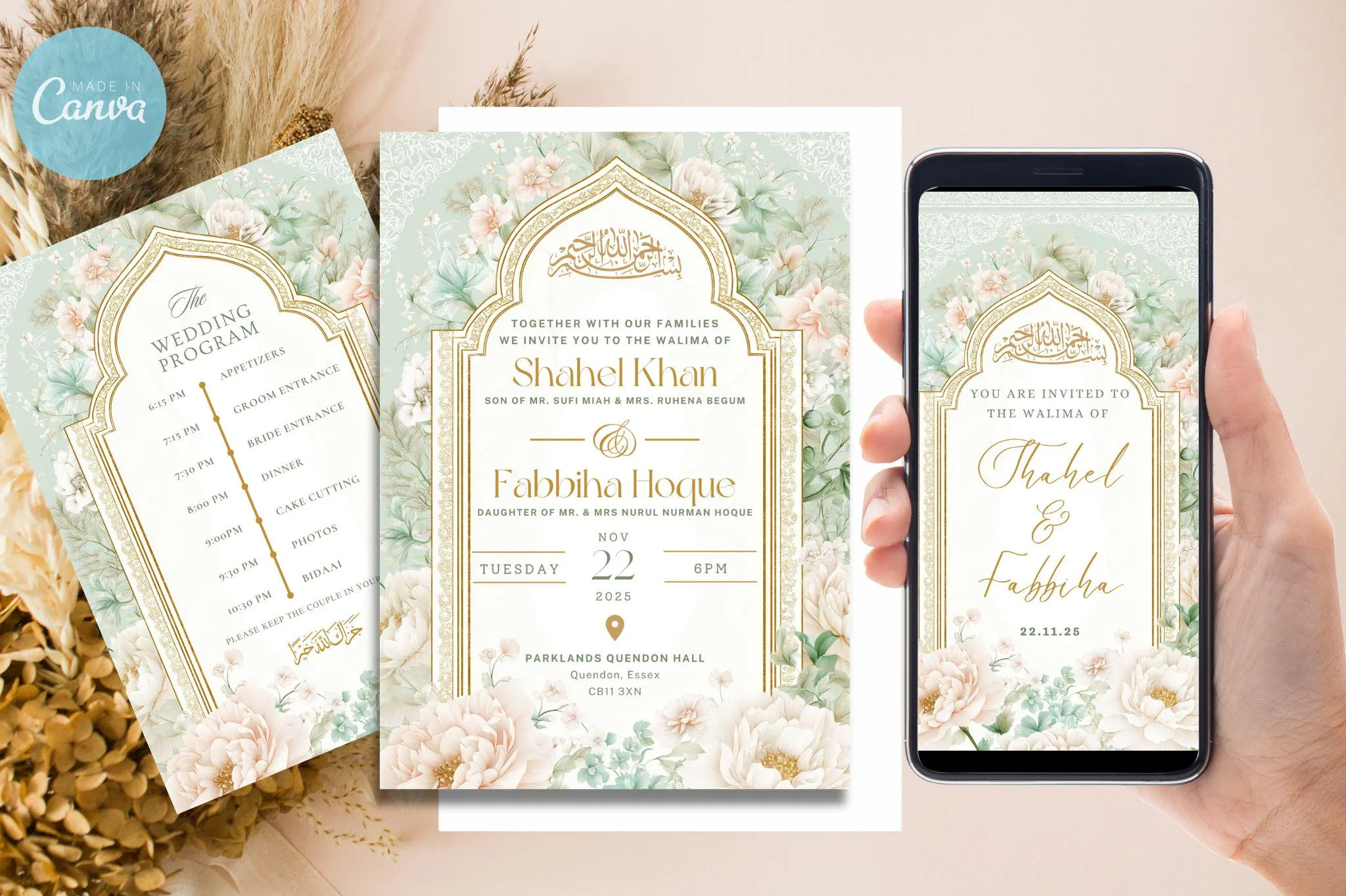 Digital Muslim Wedding Invitation Template, Green White roses Walima Invitation, Editable Islamic wedding invite, Nikkah invite - image 2