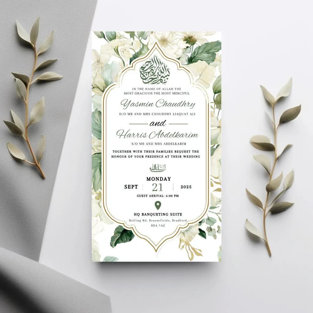 Digital Muslim Wedding Invitation Template, Electronic Green roses Walima Invitation, Editable Islamic wedding invite, Couple illustration - image 2