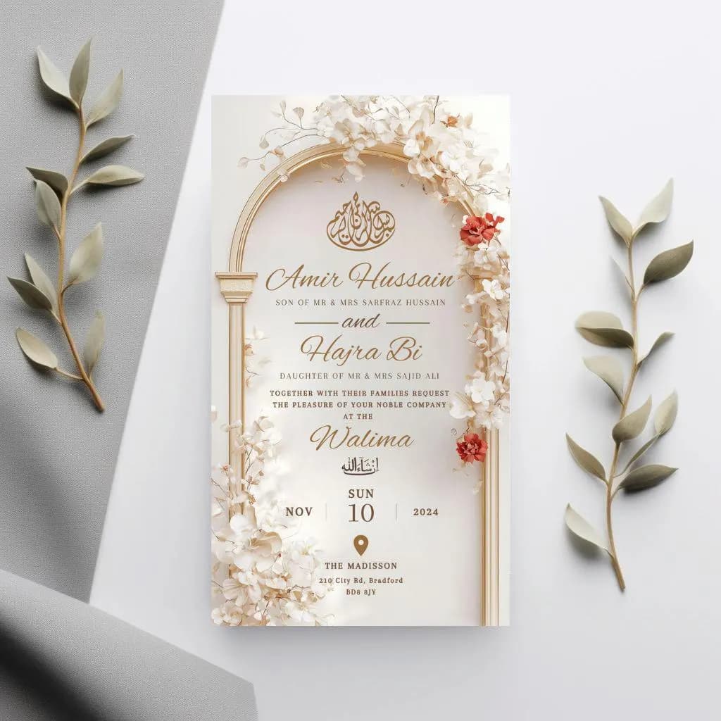 Digital Muslim Wedding Invitation Template, Electronic Elegant Arch Nikah Invite, Editable Islamic wedding Baraat invite, Cream Arch invite - image 2