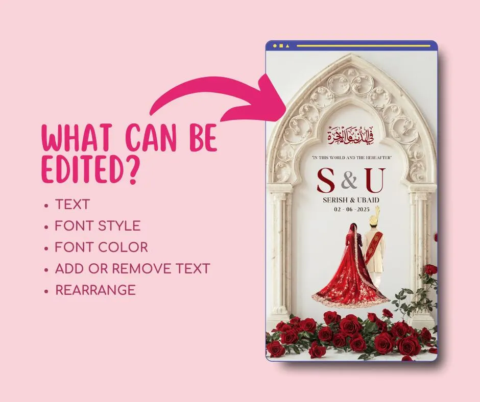 Digital Muslim Wedding Invitation Template, Electronic Elegant Arch Nikah Invite, Editable Islamic wedding Baraat invite, Red Arch invite - image 4