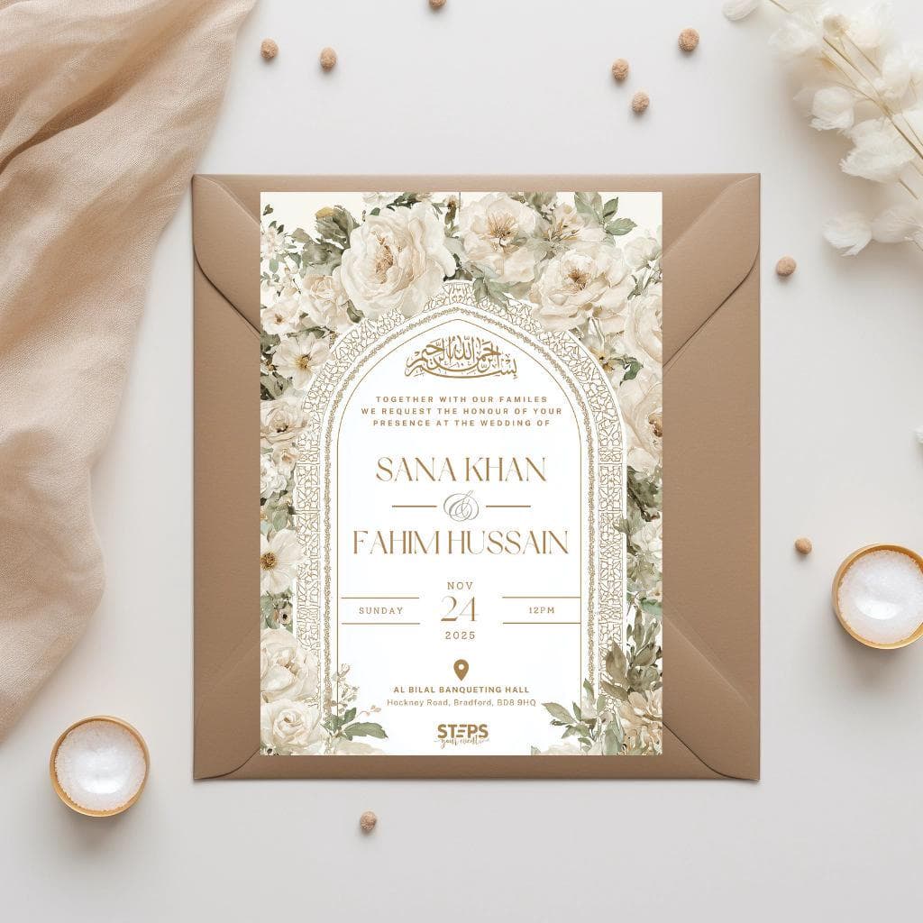 Digital Muslim Wedding Invitation Template, Electronic white roses Walima Invitation, Editable Islamic wedding invite, Neutral nikkah invite - image 4