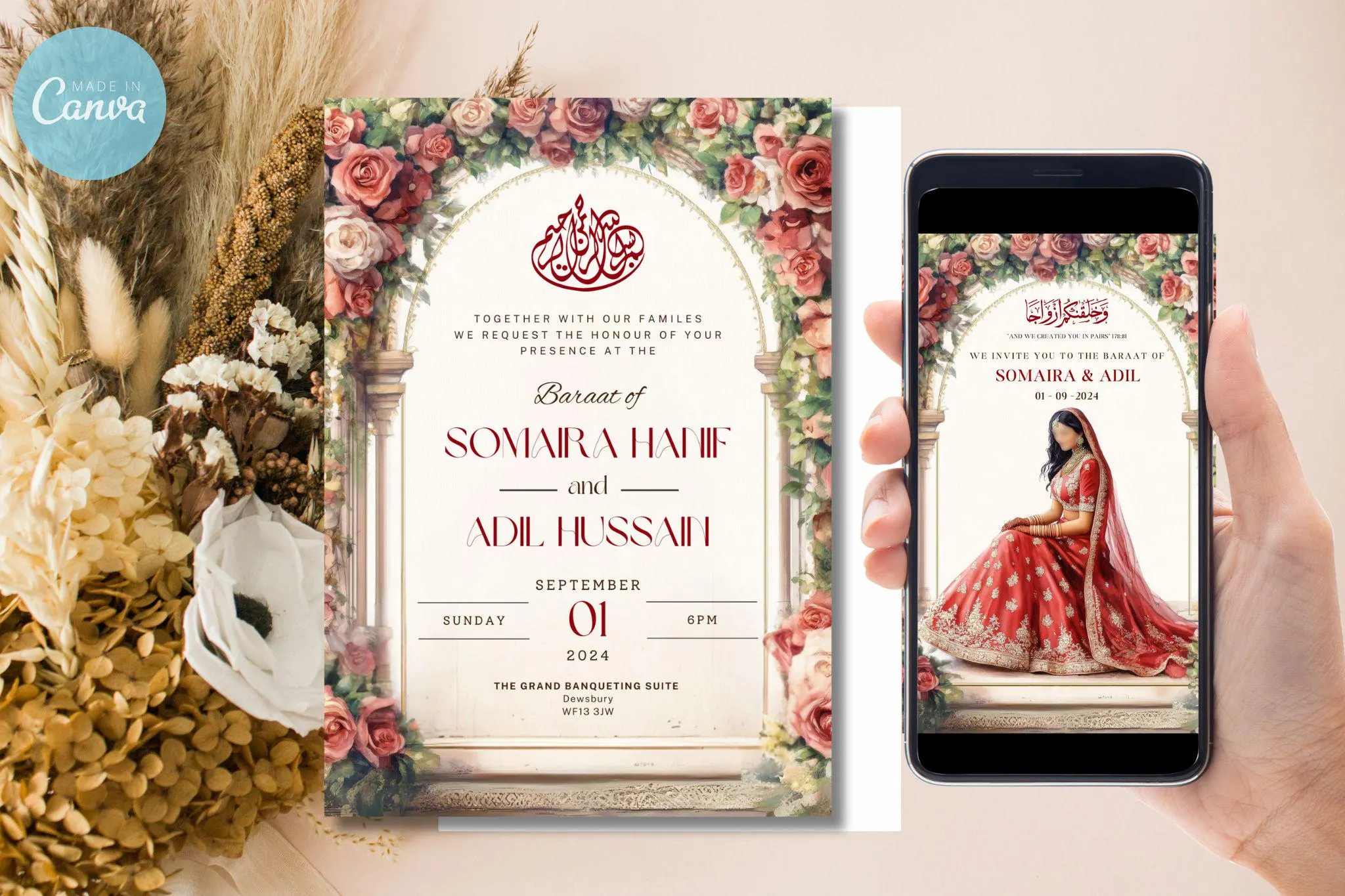 Digital Muslim Wedding Invitation: Red Roses Nikah Template (Editable) - image 2
