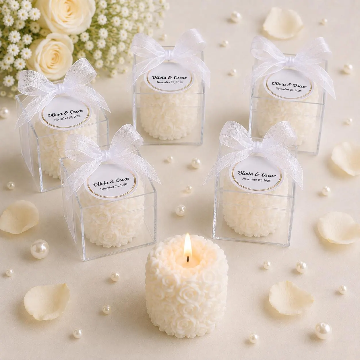 Rose Candle Wedding Favors, Bridal Shower Thank You Keepsake, Bulk Gift for Guests, Custom Reception Decor