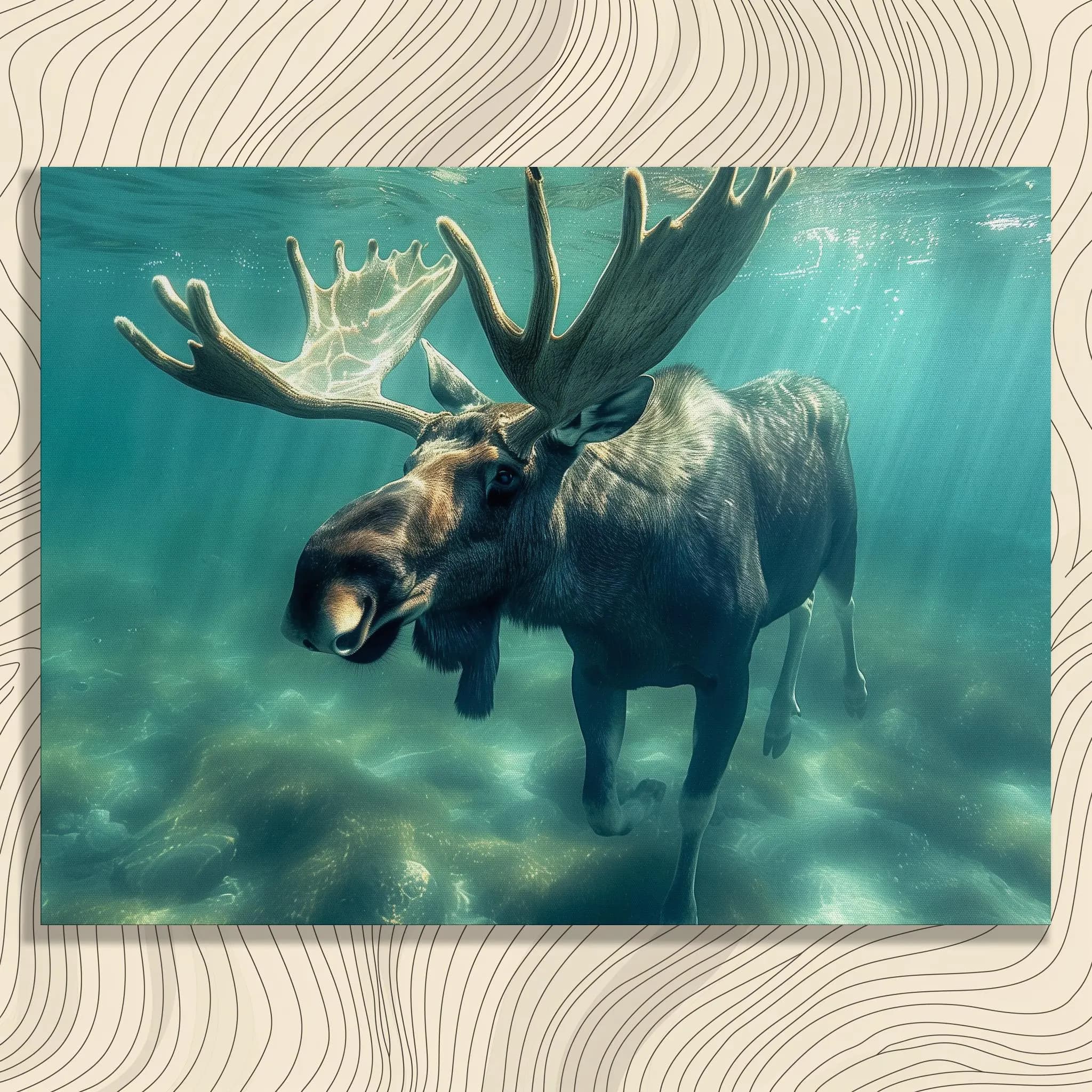 Moose Canvas Wall Art, Underwater Swimming Full Body Shot in Blue Sea, Relaxing Art Decor for Livingroom, Office, Hallway, Toilet or Bedroom
