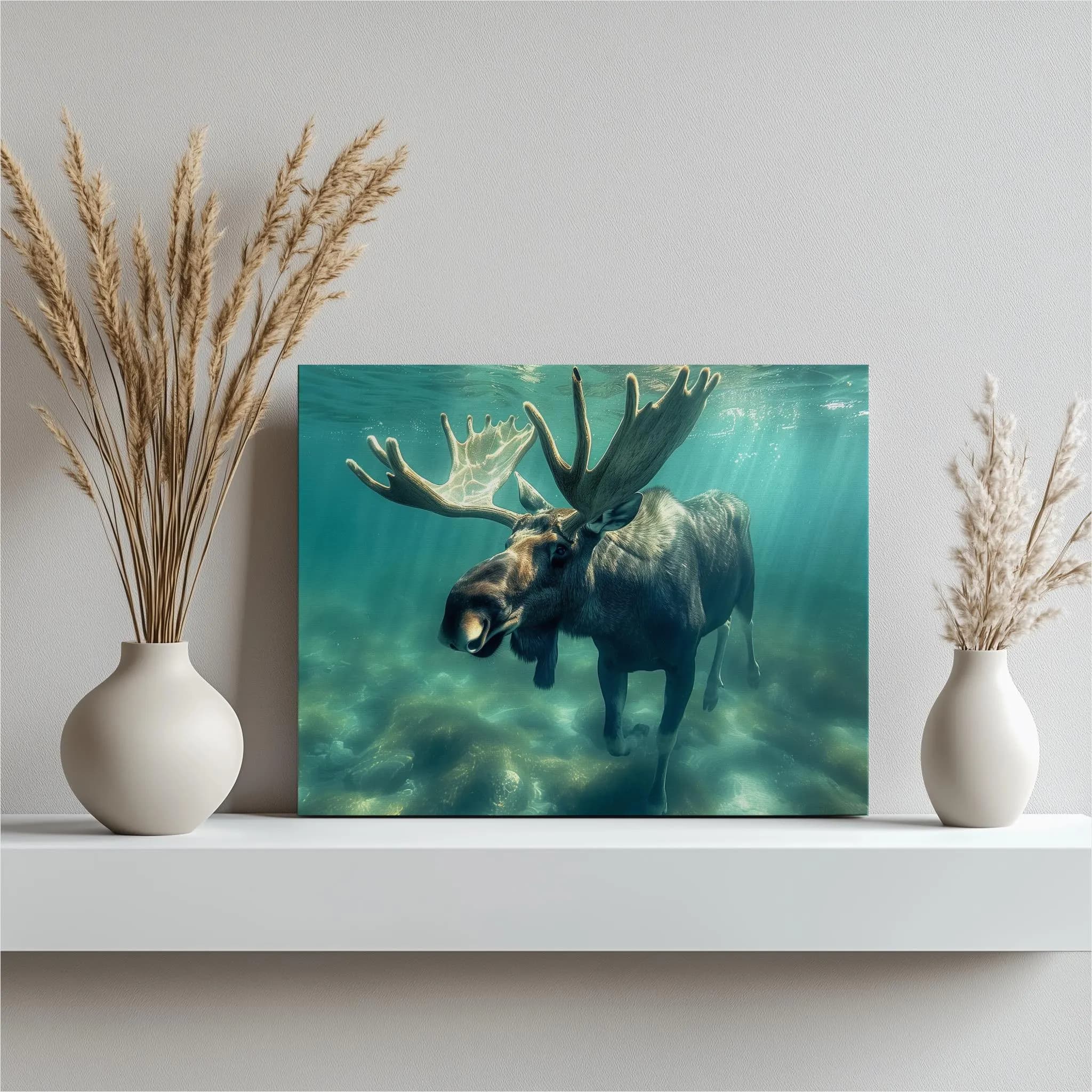 Test 3 mockup for Moose Canvas Wall Art, Underwater Swimming Full Body Shot in Blue Sea, Relaxing Art Decor for Livingroom, Office, Hallway, Toilet or Bedroom