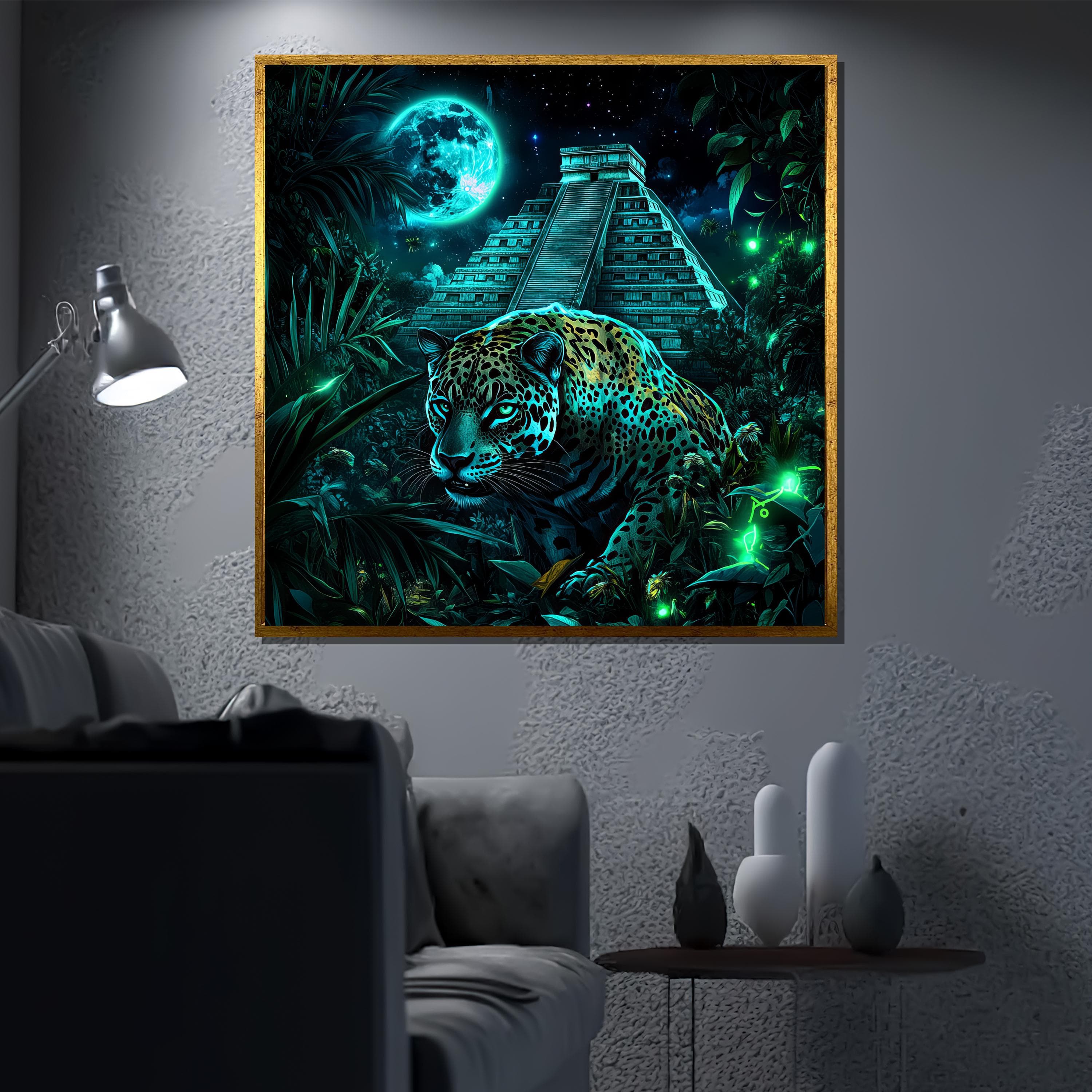 Jaguar Canvas Painting, Mystical Mayan Temple Wall Art with Moonlight, Jungle Animal Artwork for Living Room, Unique Gift Idea