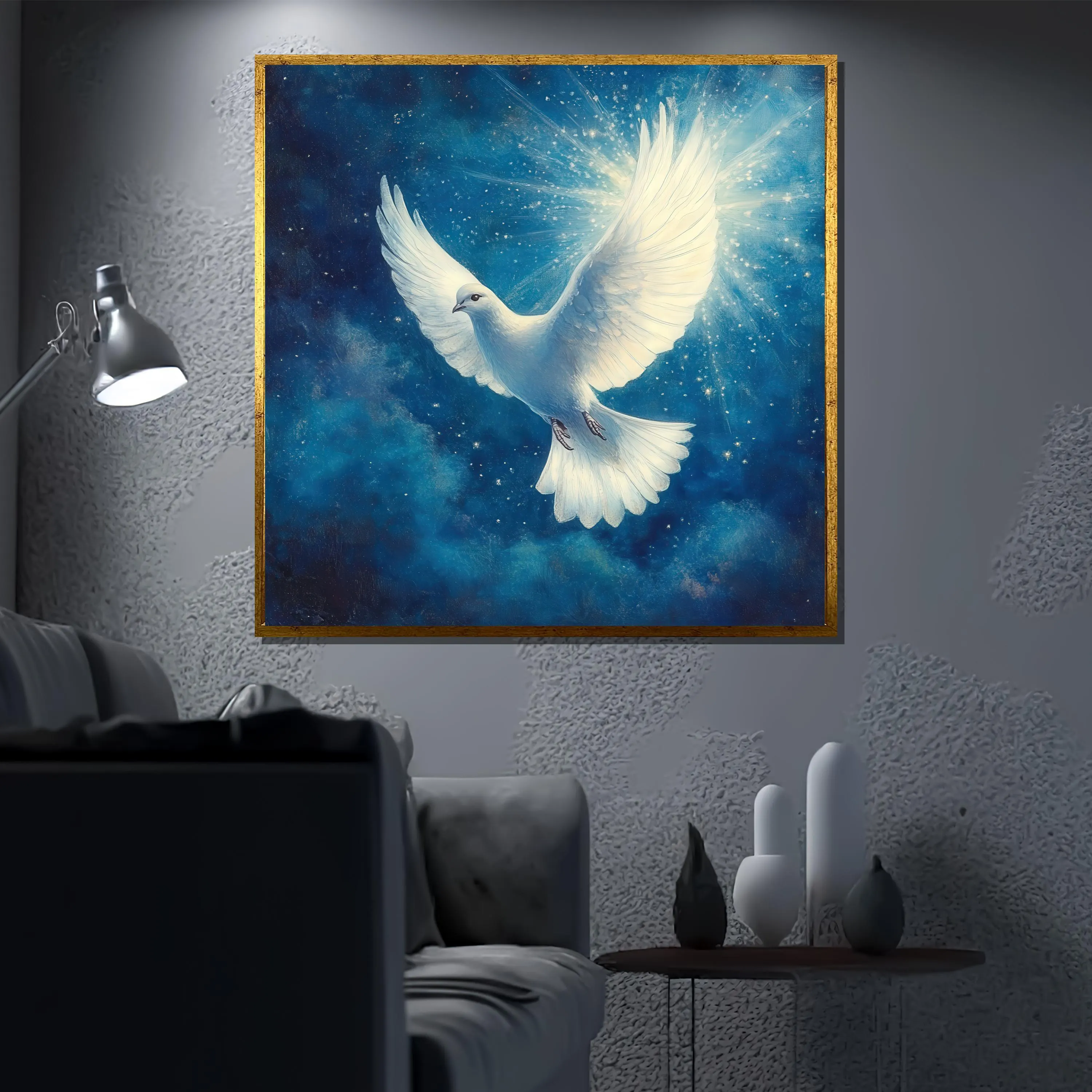 White Dove Canvas Painting, Peaceful Blue Wall Art, Spiritual Bird Artwork on Deep Sky Background, Perfect for Living Room, Unique Gift