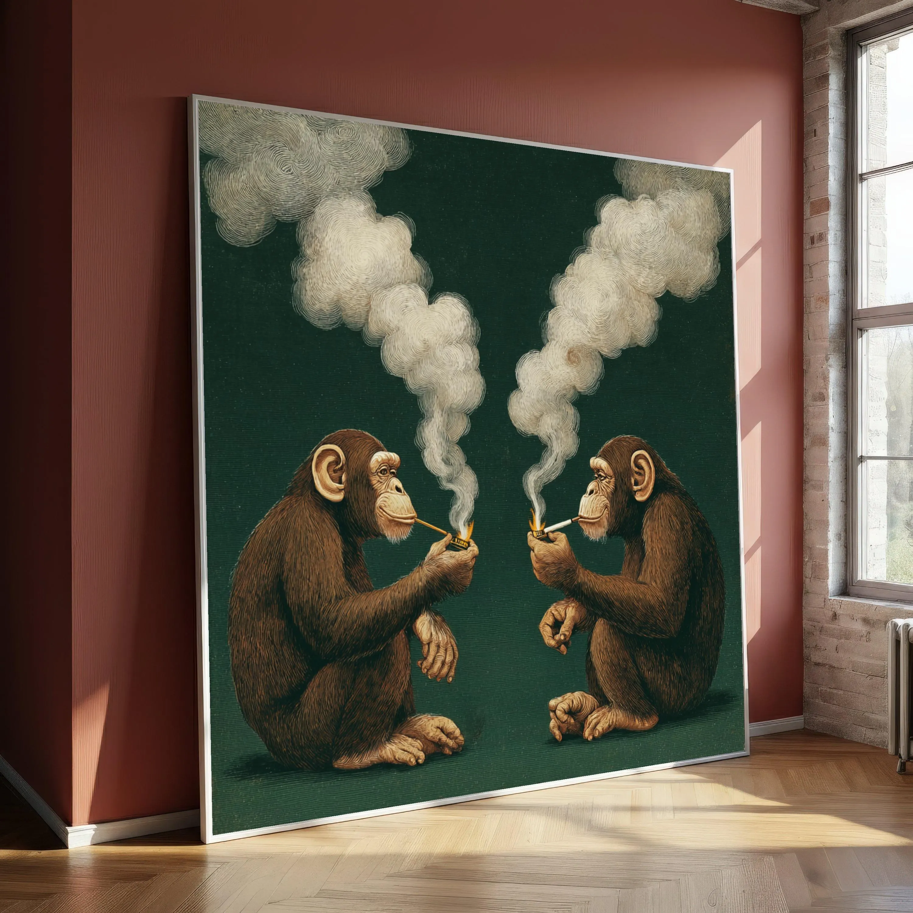 Smoking Chimpanzees Illustration Canvas, Surreal Animal Art, Whimsical Wall Decor, Conversation Scene Canvas, Unique Home Decoration