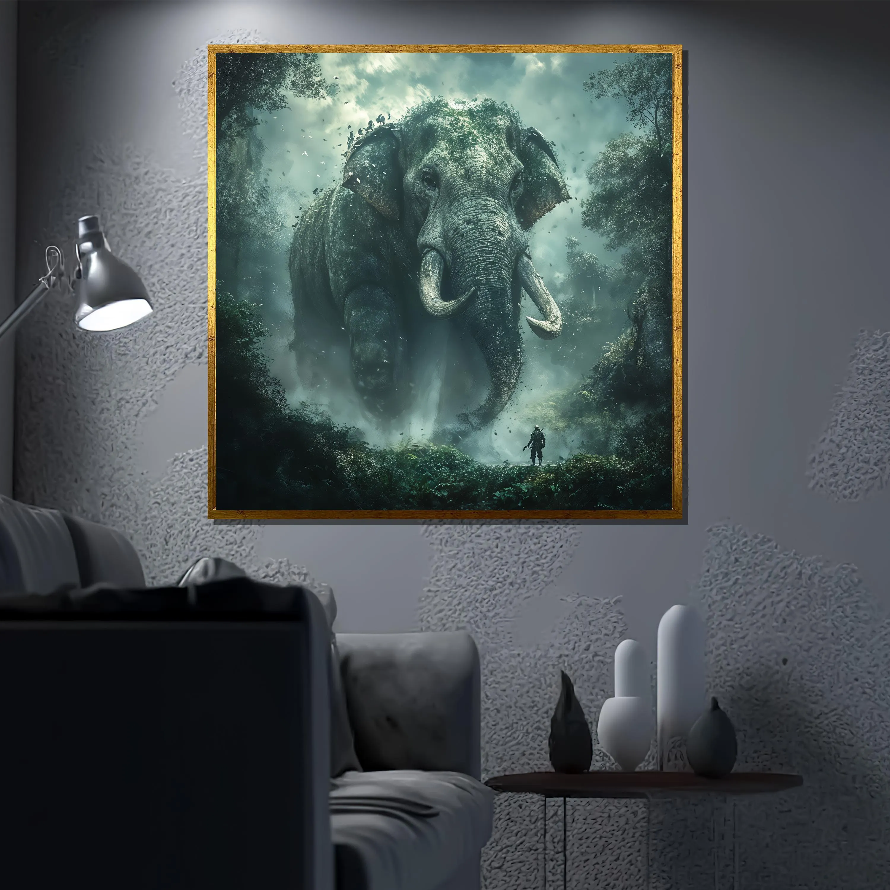 Giant Elephant Canvas Painting, Mystical Jungle Animal Wall Art, Fantasy Wildlife Print, Majestic Nature Decor, Gift for Adventure Lovers