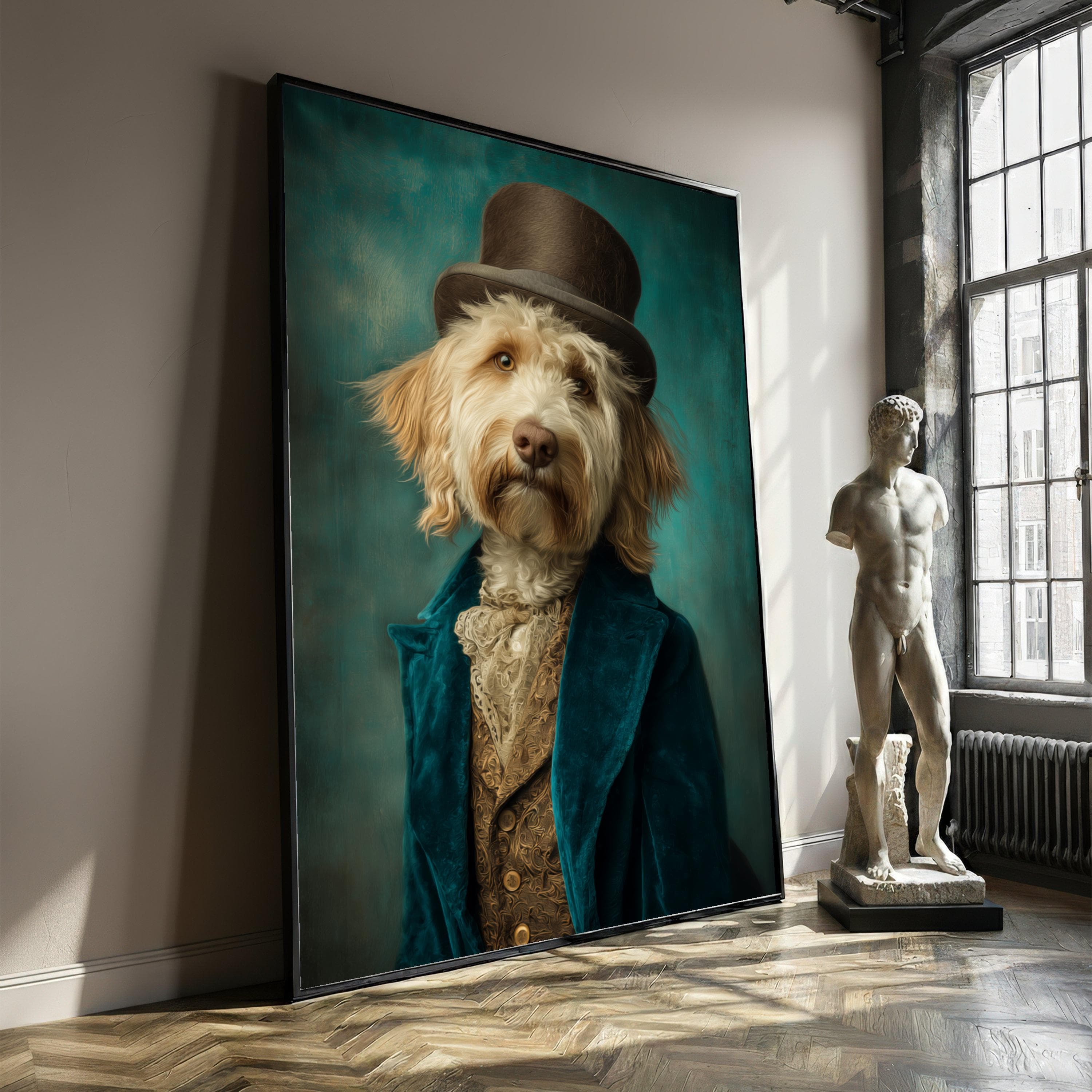 Victorian Dog Portrait Canvas, Elegant Pet Wall Art, Dressed Up Dog Canvas, Quirky Animal Artwork Print, Vintage Style Home Art Canvas Gift