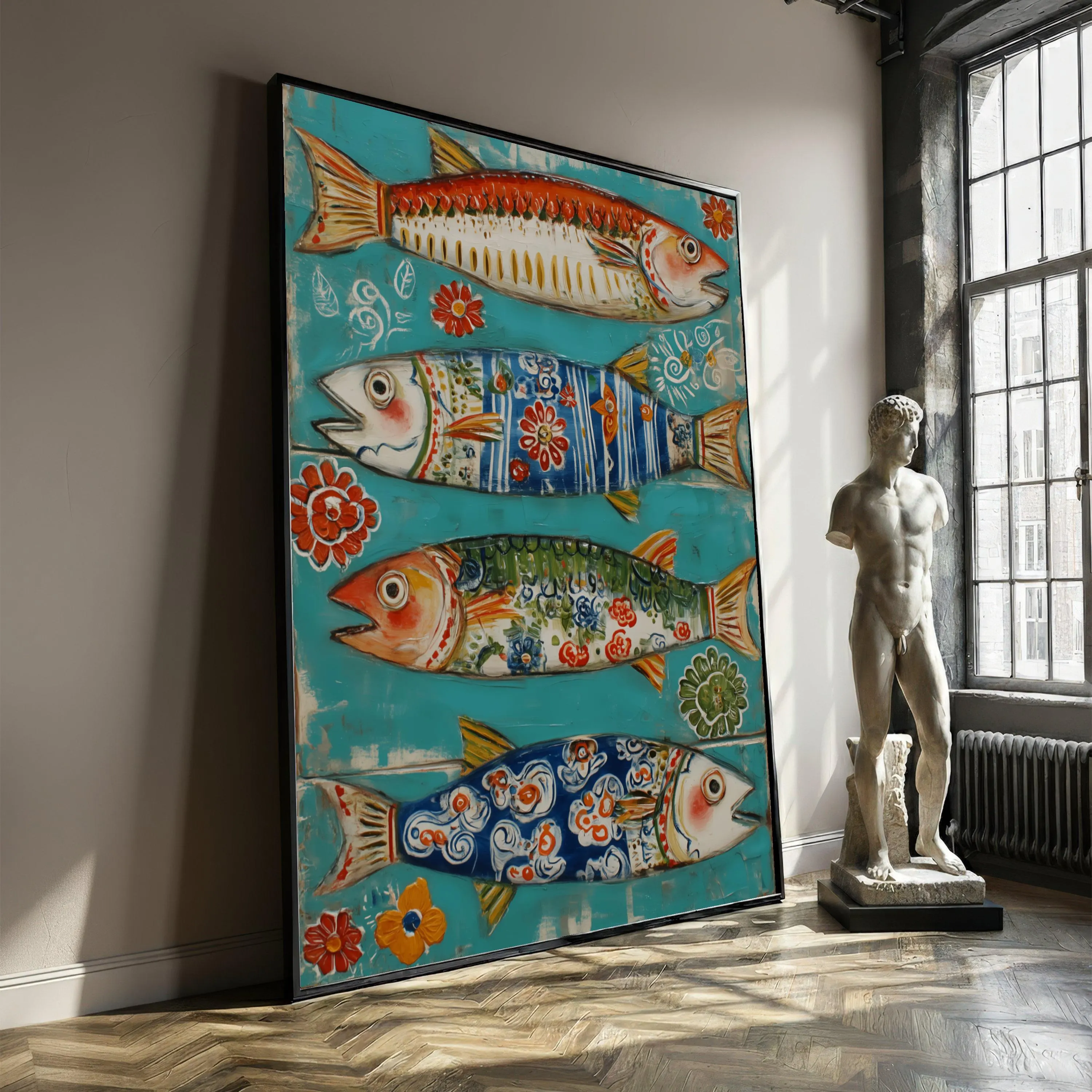 Colorful Decorative Fish Canvas Wall Art, Whimsical Ocean Design, Floral Patterned Fish Paint, Nautical Home Decor Gift, Ready to Hang Art