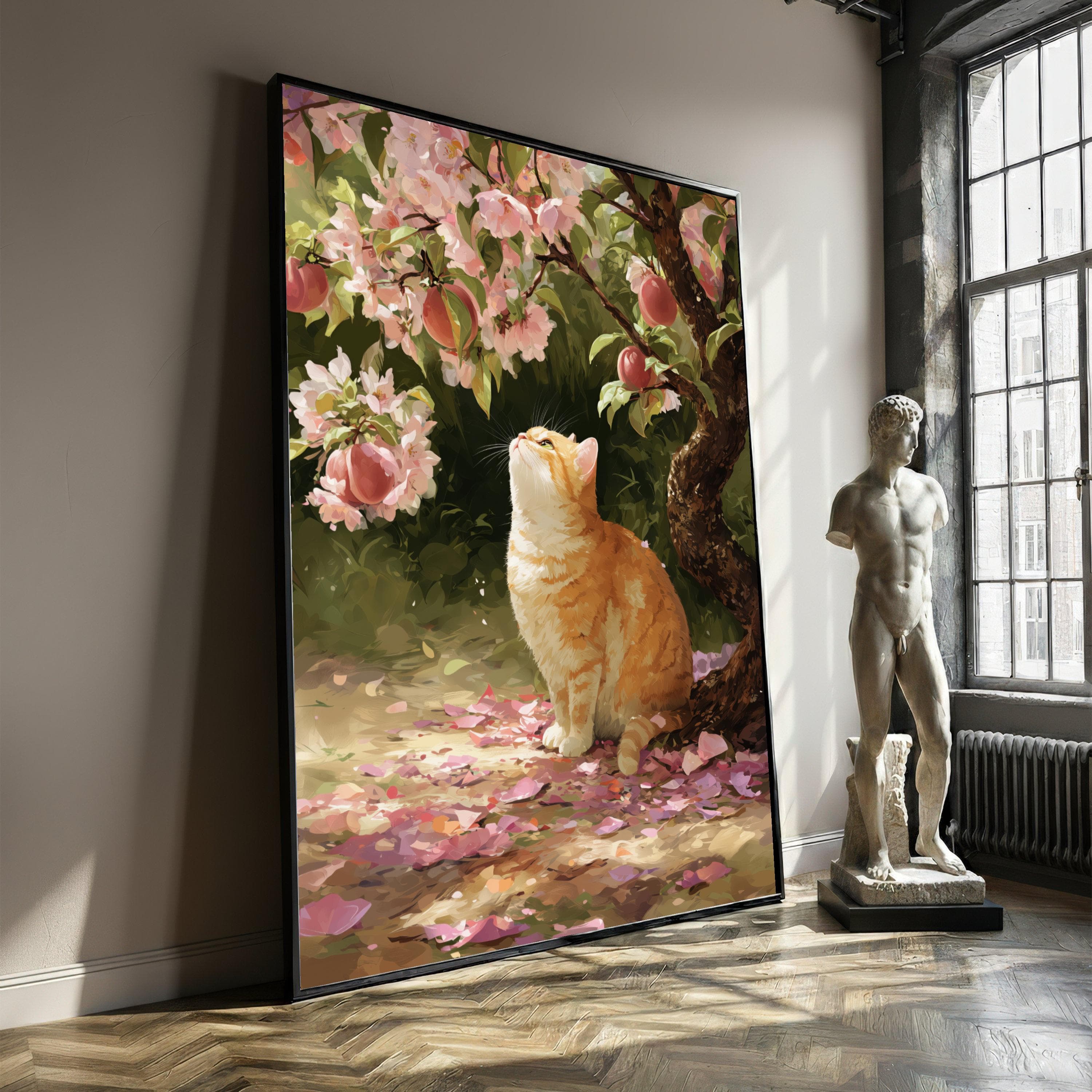 Curious Orange Tabby Cat Under Peach Blossom Tree, Floral Spring Wall Art, Nature Pet Illustration, Garden Home Decor, Housewarming Art Gift
