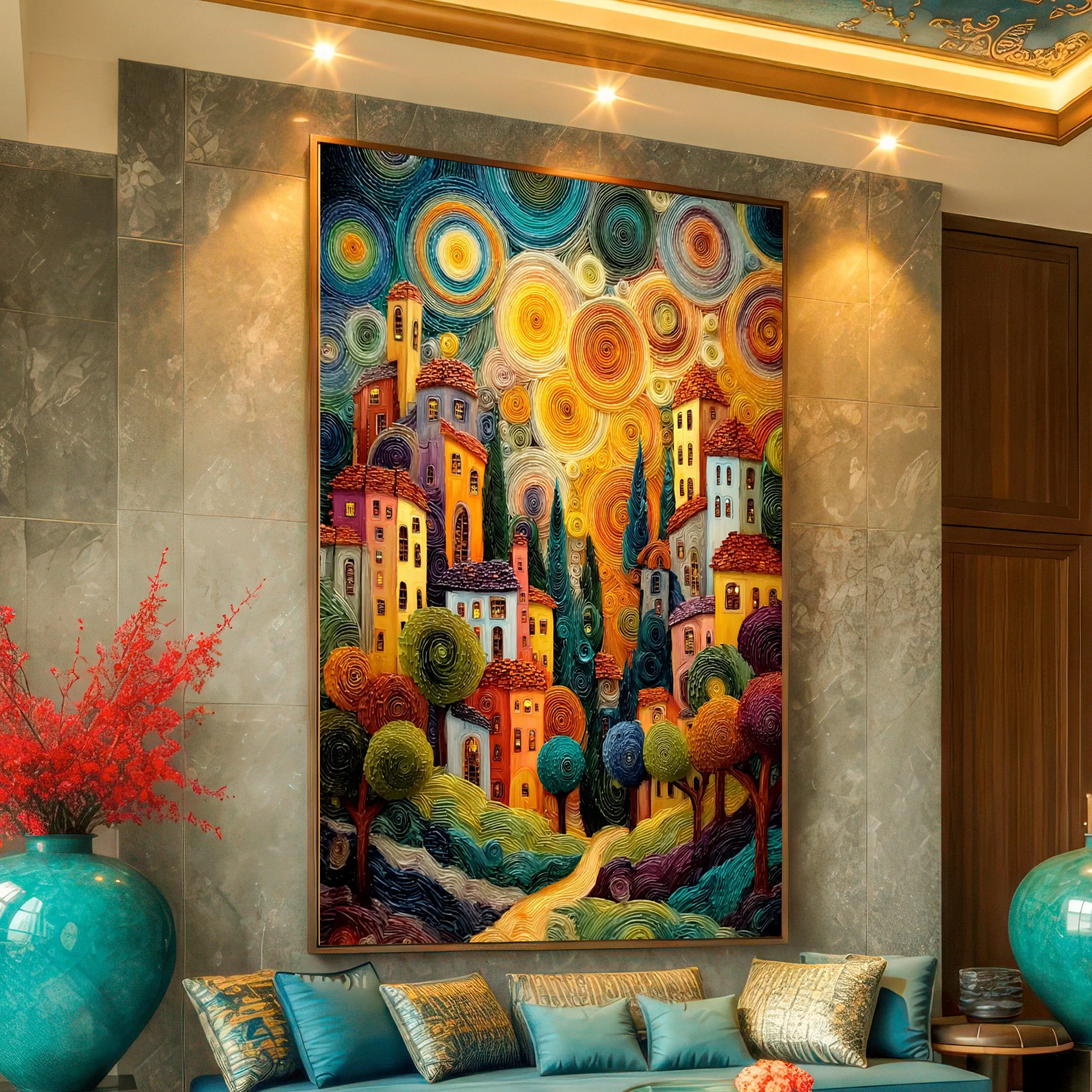 Vibrant Village Landscape Canvas, Colorful Countryside Wall Art, Spiral Sky Painting, Cozy Home Decor, Artistic Canvas Print
