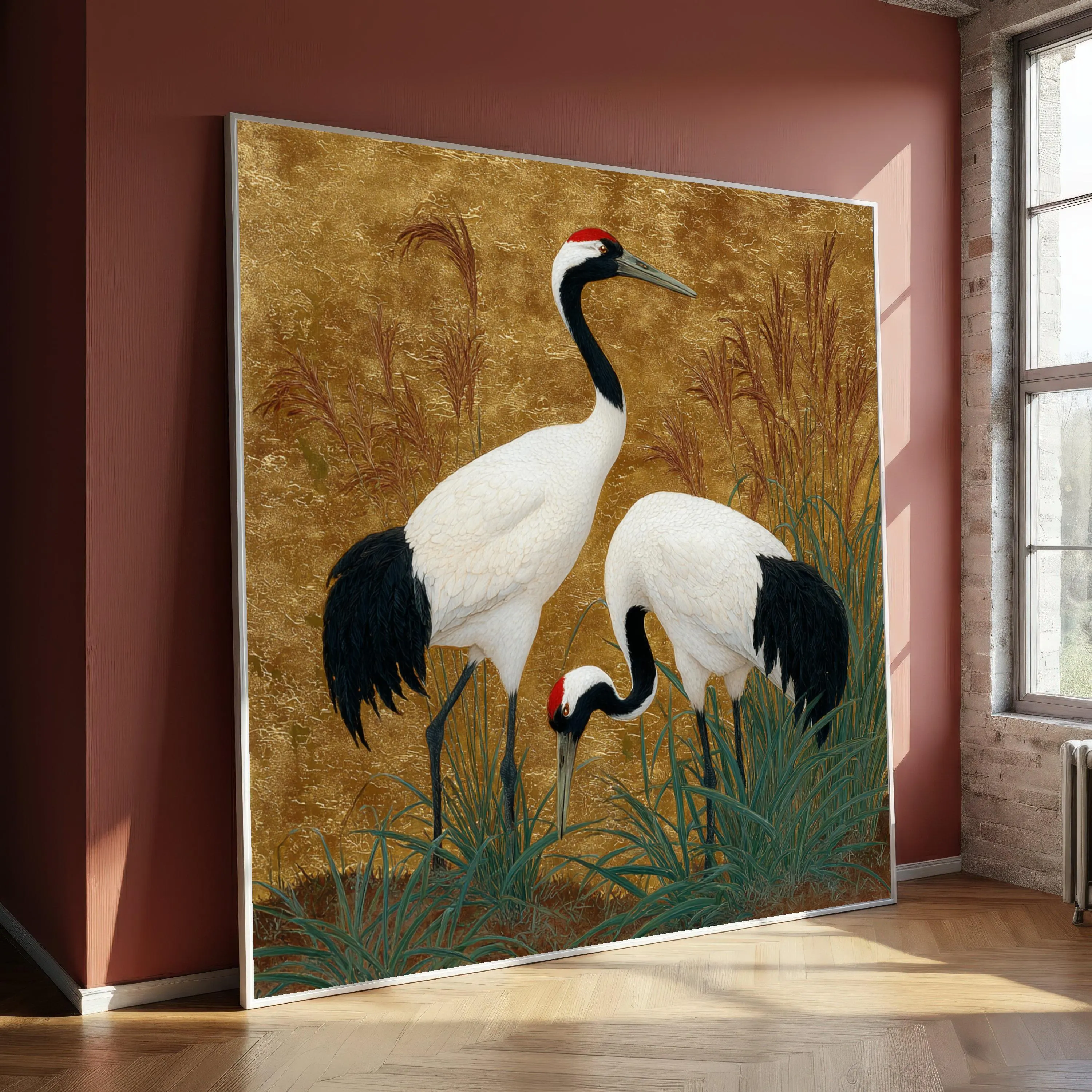 Elegant Red Crowned Cranes, Nature Bird Canvas, Ornamental Wildlife Wall Art, Gold Background Canvas, Home Decor Art Print
