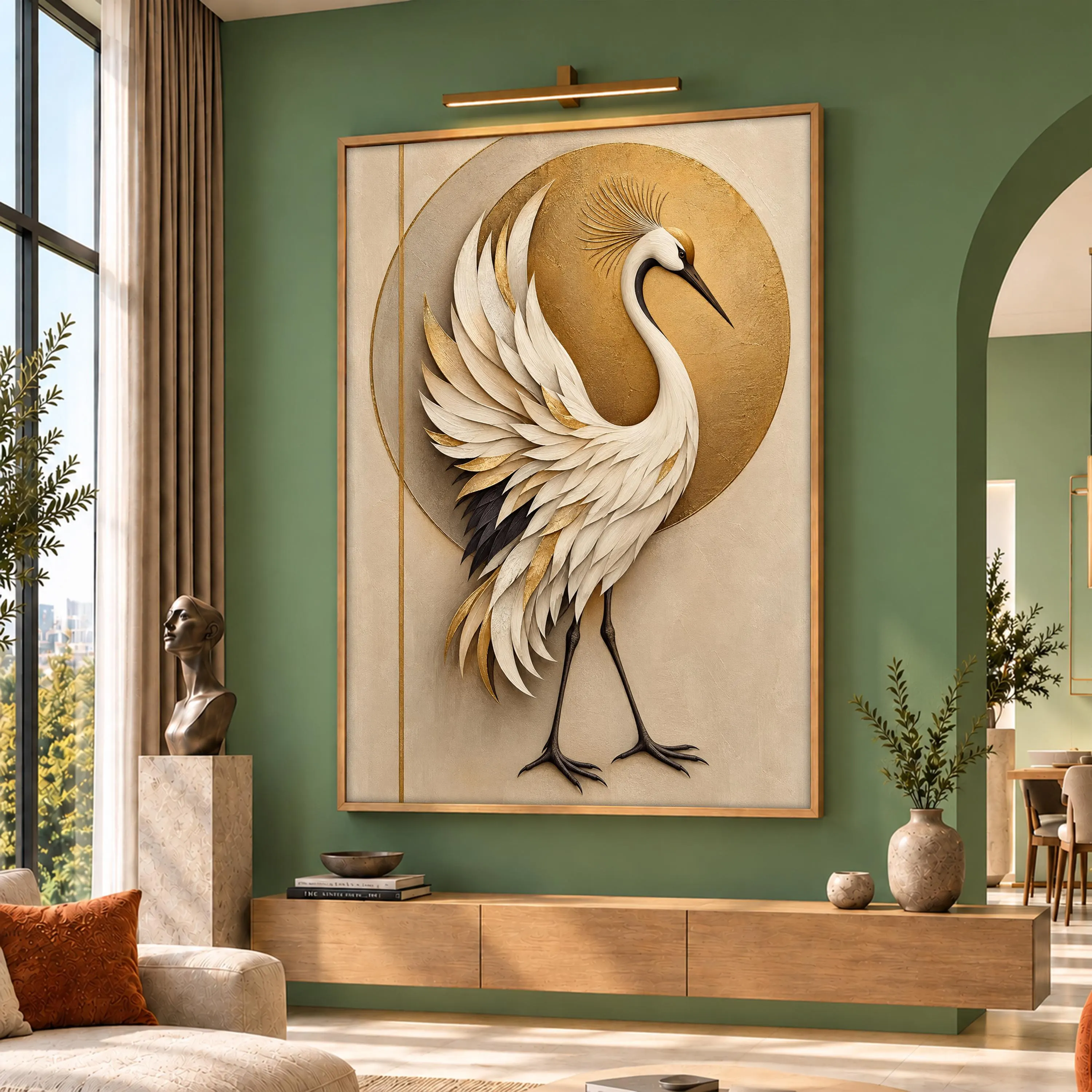White Crane Canvas Wall Art, Golden Sun Bird Portrait, Elegant Japanese Inspired Print, Beige Neutral Wildlife Decor, Luxury Heron Arts Gift