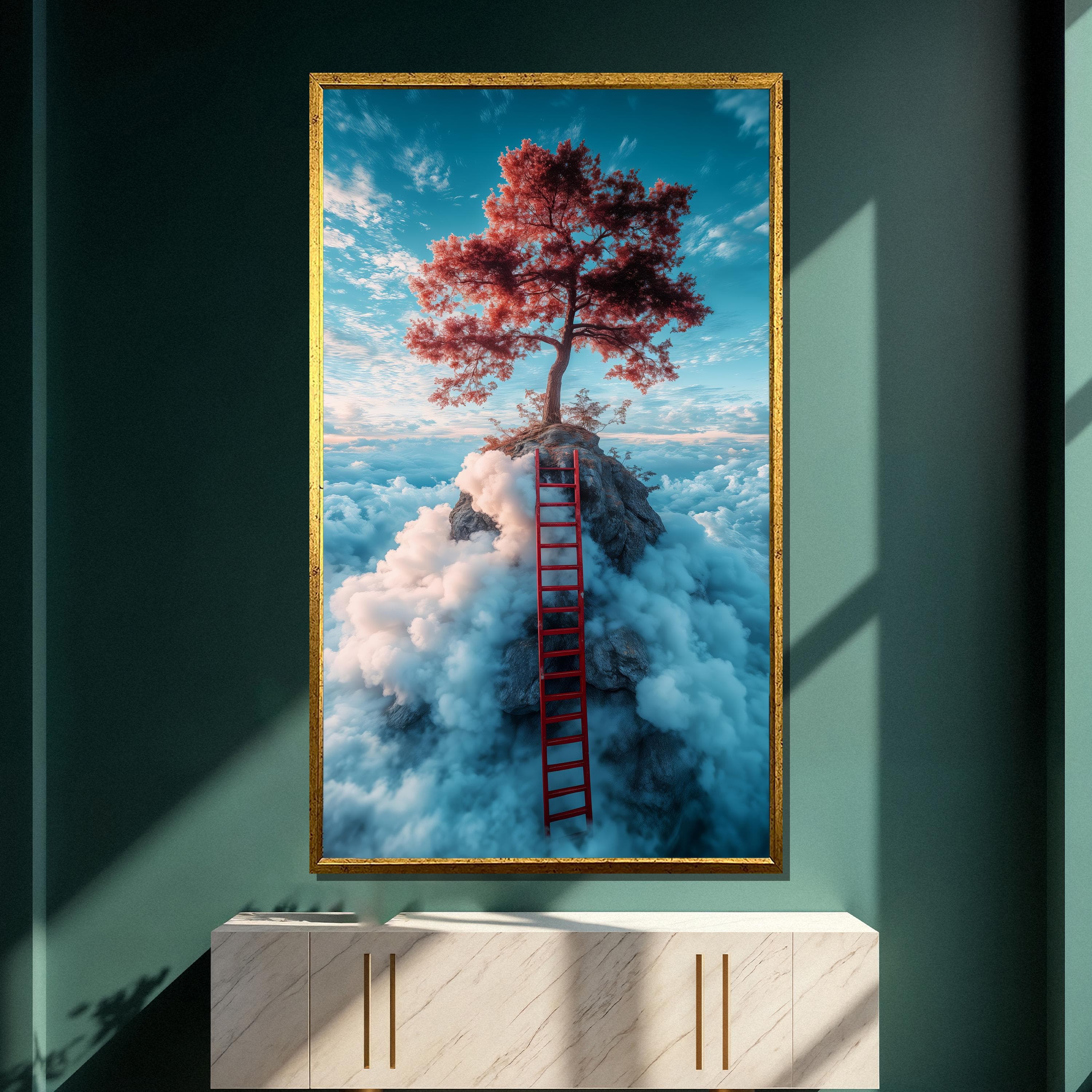 Surreal Tree Canvas Painting, Dreamy Cloud Landscape Wall Art, Fantasy Red Tree Print, Whimsical Sky Decor, Mystical Nature Gift for Home