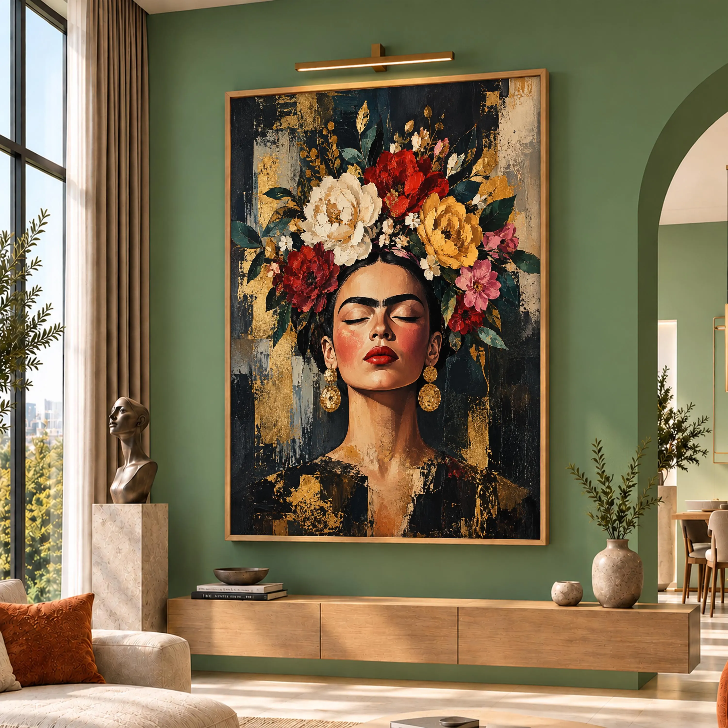 Frida Kahlo Style Canvas Wall Art, Floral Woman Portrait, Colorful Flower Art Print, Boho Mexican Wall Decor, Feminine Art Gift