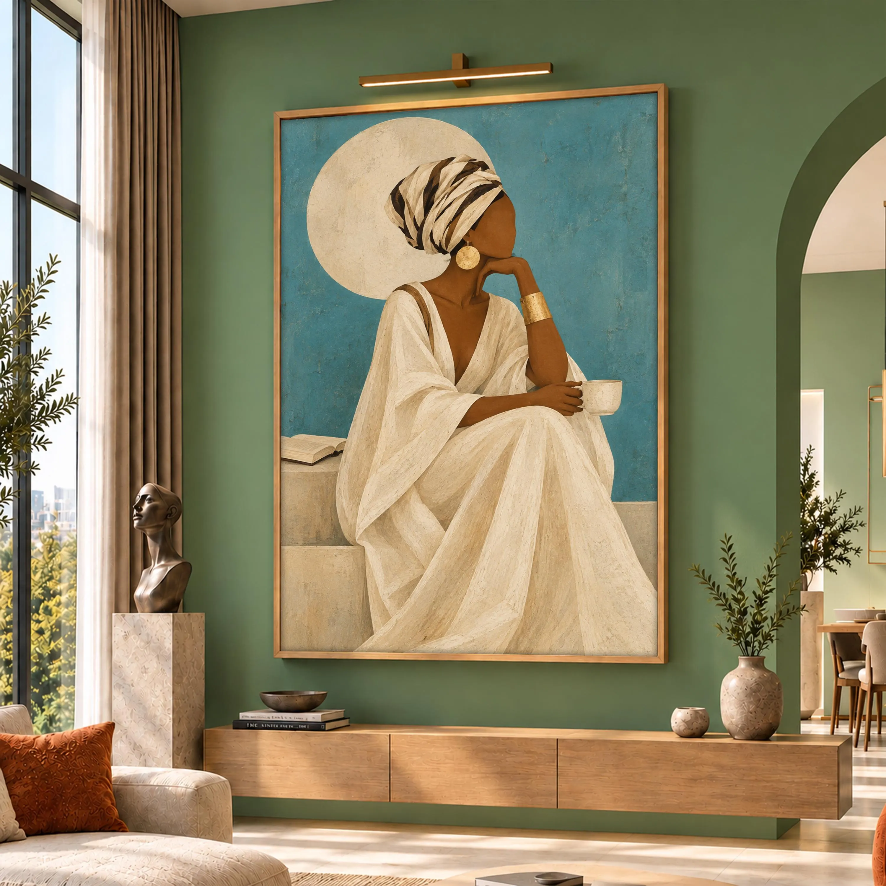 African Woman Canvas Wall Art, Elegant Headwrap Portrait, Blue Boho Decor, Minimalist Feminine Print, Coffee Lover Artwork, Afrocentric Gift