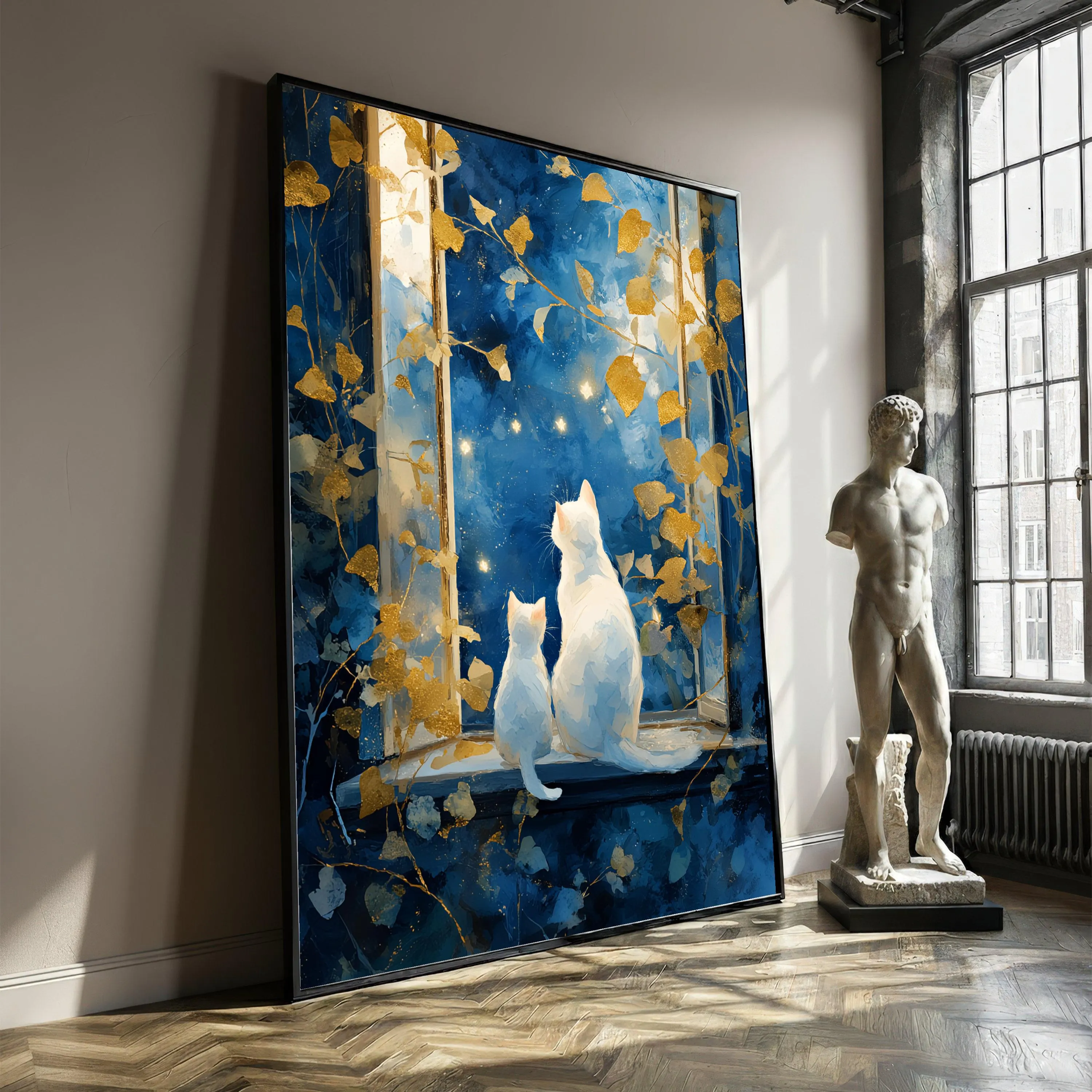 Magical Night Sky Cats Canvas, White Cat Silhouette Wall Art, Starry Window Scene, Blue Gold Leaves Canvas, Whimsical Home Art, Unique Gift