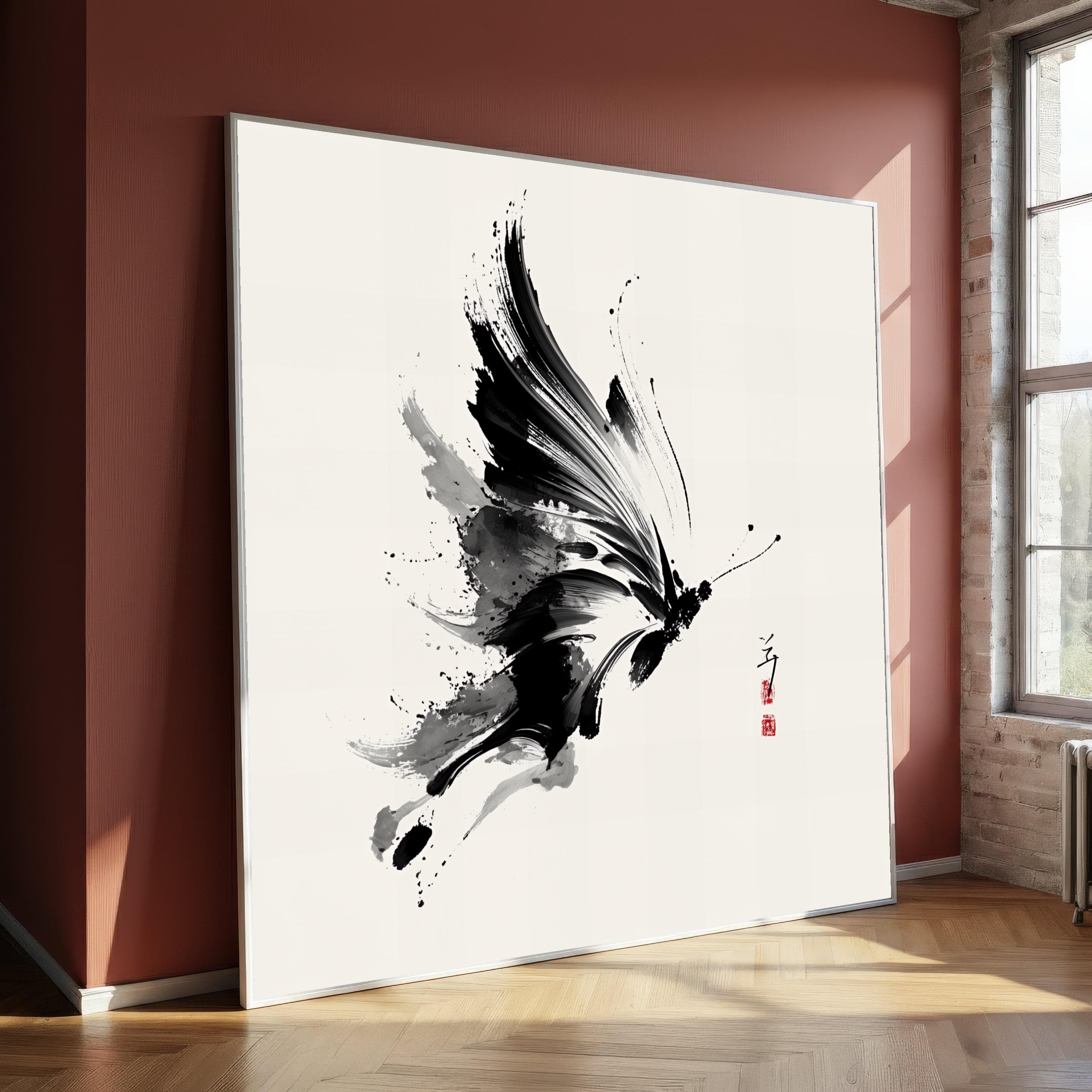 Elegant Black Ink Butterfly Canvas, Abstract Japanese Sumi-e Art, Minimalist Wall Decor Print , Asian Style Canvas Wall Art for Home Gift
