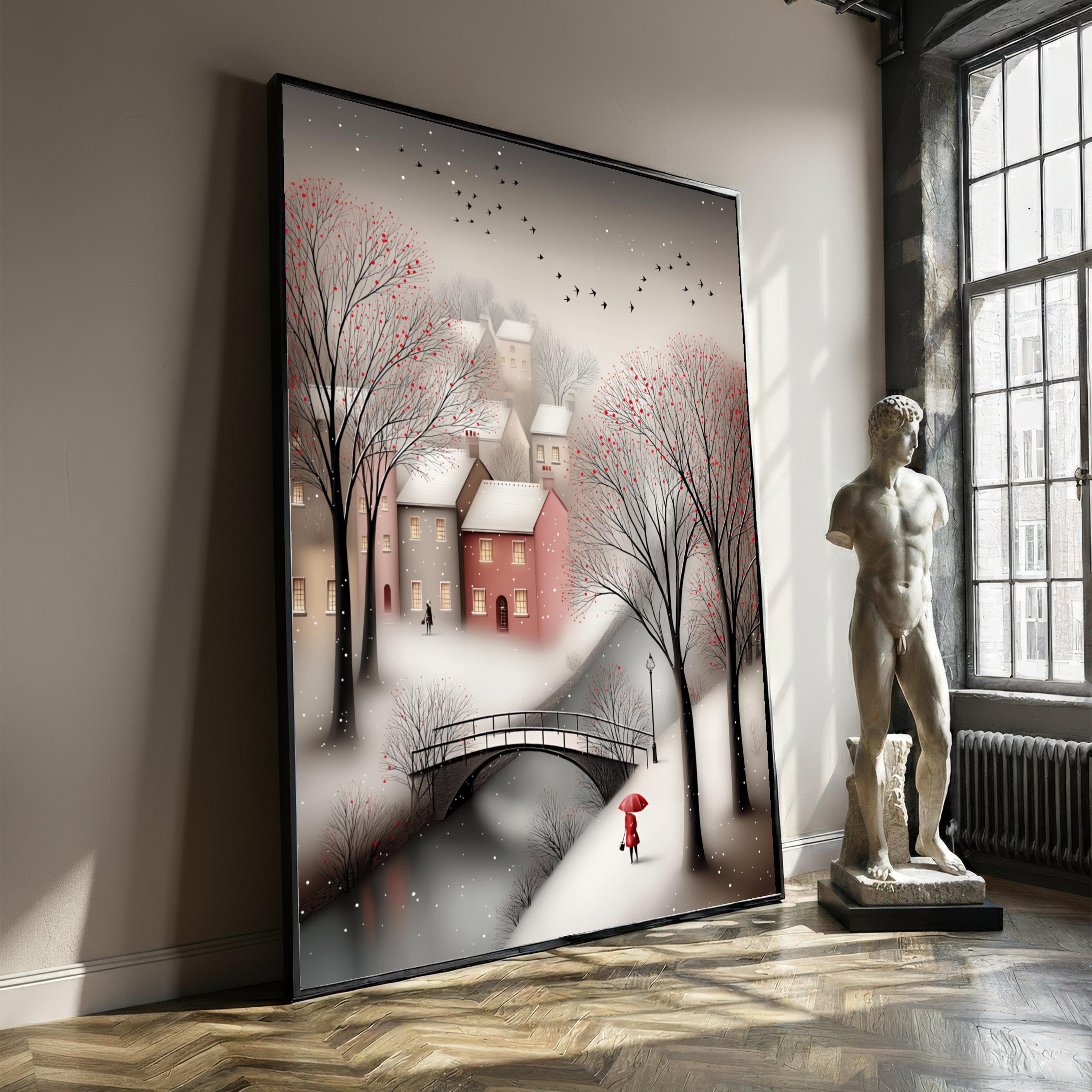 Winter Village Scene Canvas, Snowy Landscape Wall Art, Red Umbrella Woman, Bare Trees with Berries, Bridge over River Print, Winter Art Gift