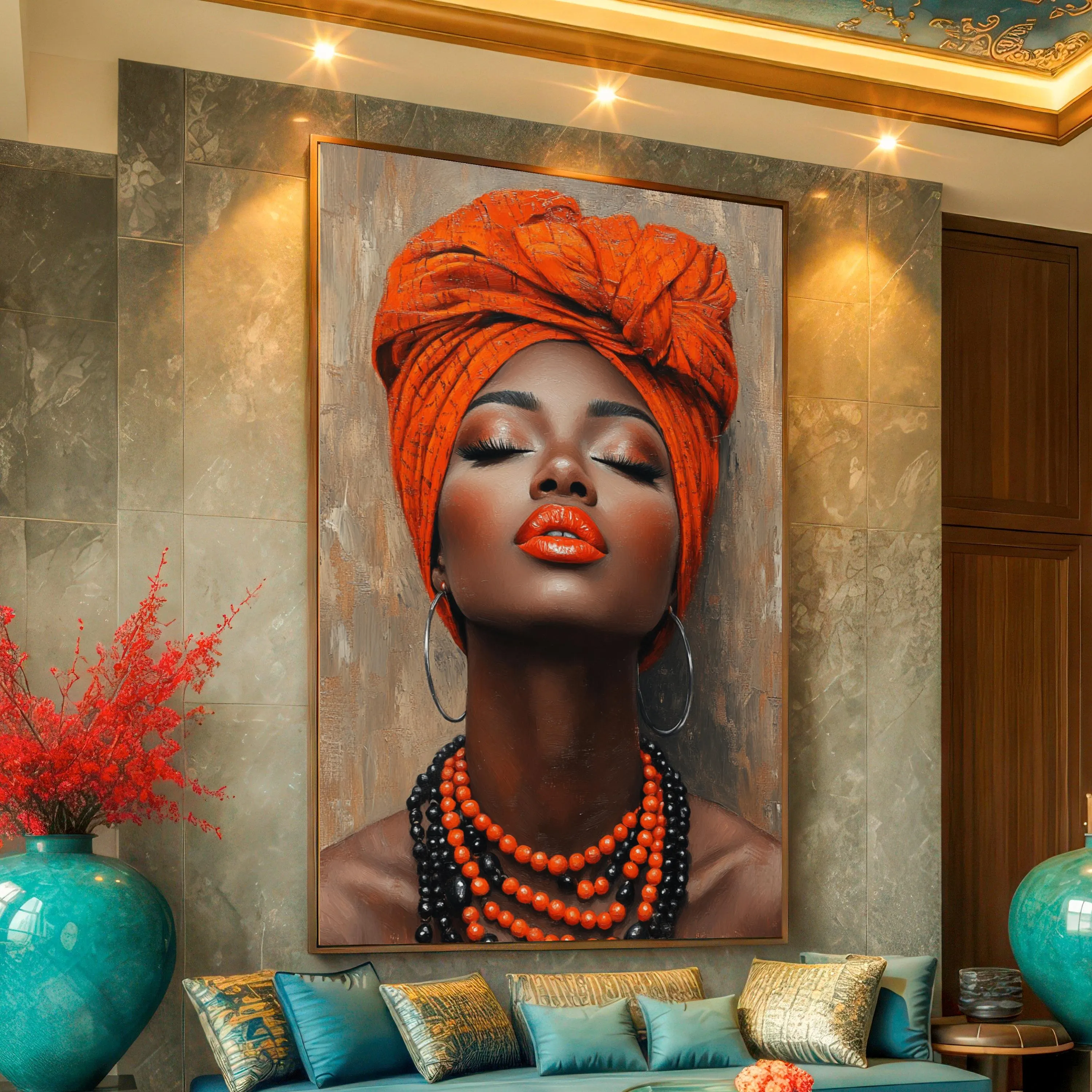 Elegant African Woman Portrait Canvas, Orange Headwrap Wall Art, Glamour Beauty Canvas, Ethnic Decor, Modern Female Artwork