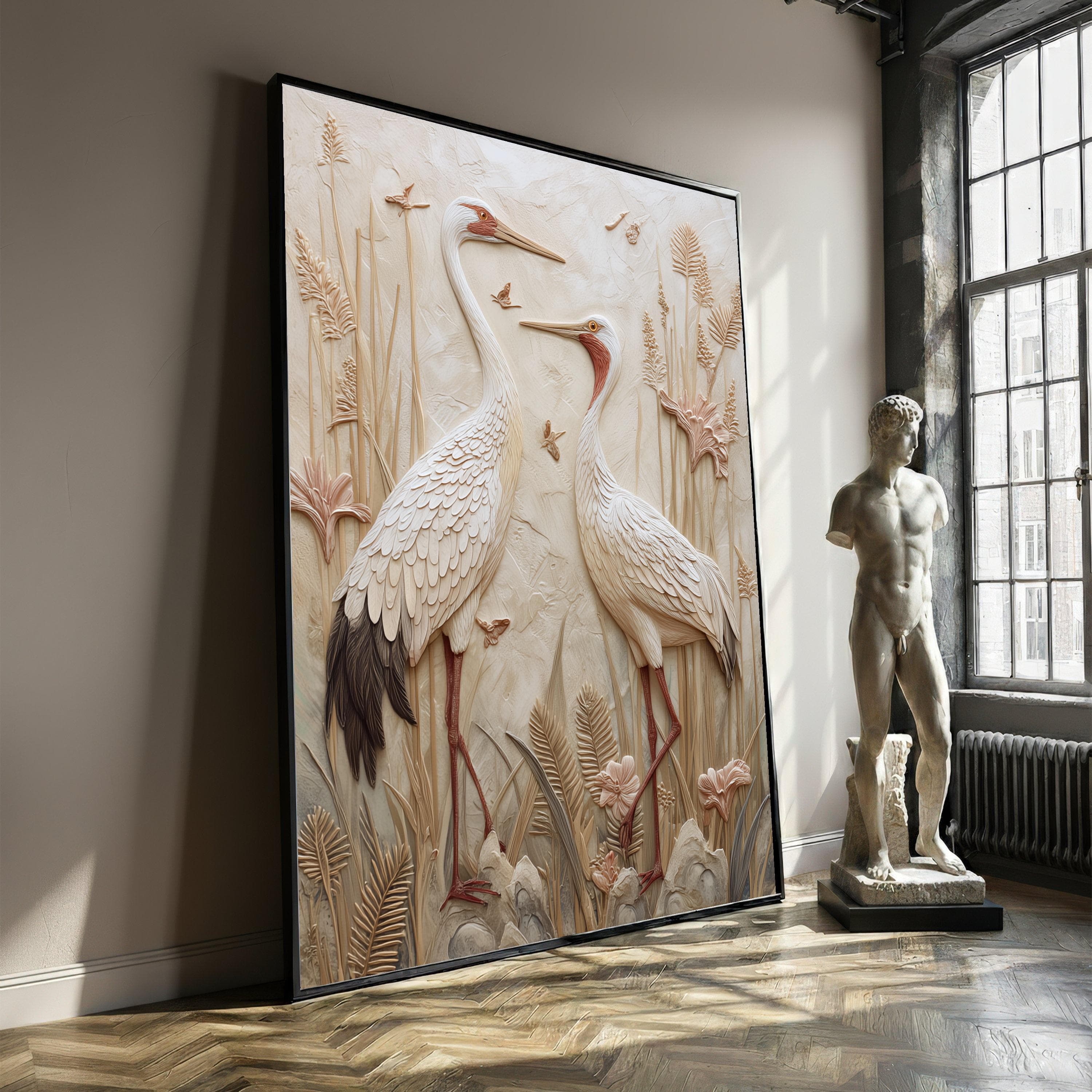 Elegant Crane Birds Canvas Wall Art, Wildlife Decor, Effect, Neutral Tones, Botanical Scene, Housewarming Art Gift, Ready to Hang Art Canvas