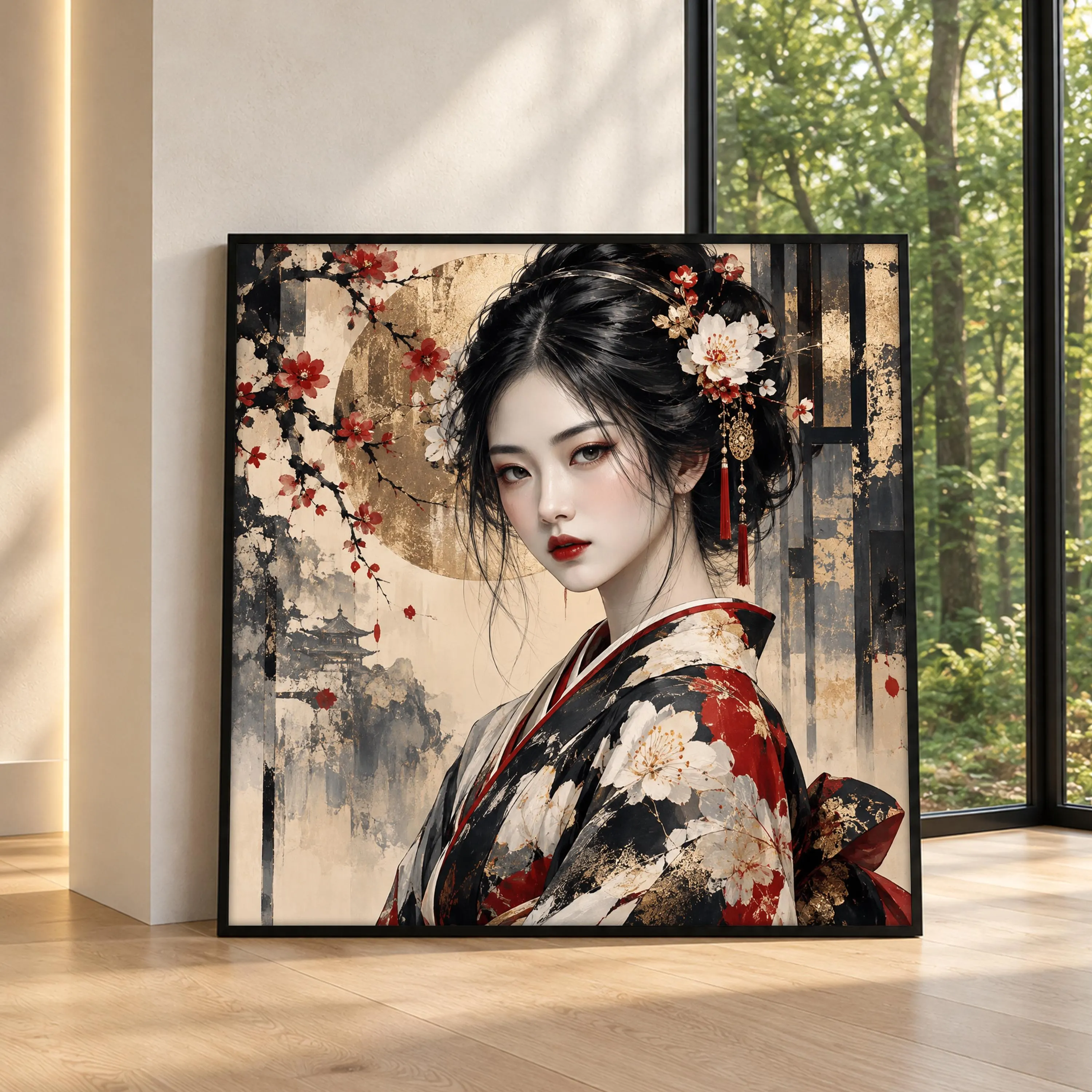 Japanese Geisha Canvas Art, Cherry Blossom Woman Portrait, Black Red Kimono Print, Elegant Asian Decor, Oriental Floral Artwork, Japan Gift