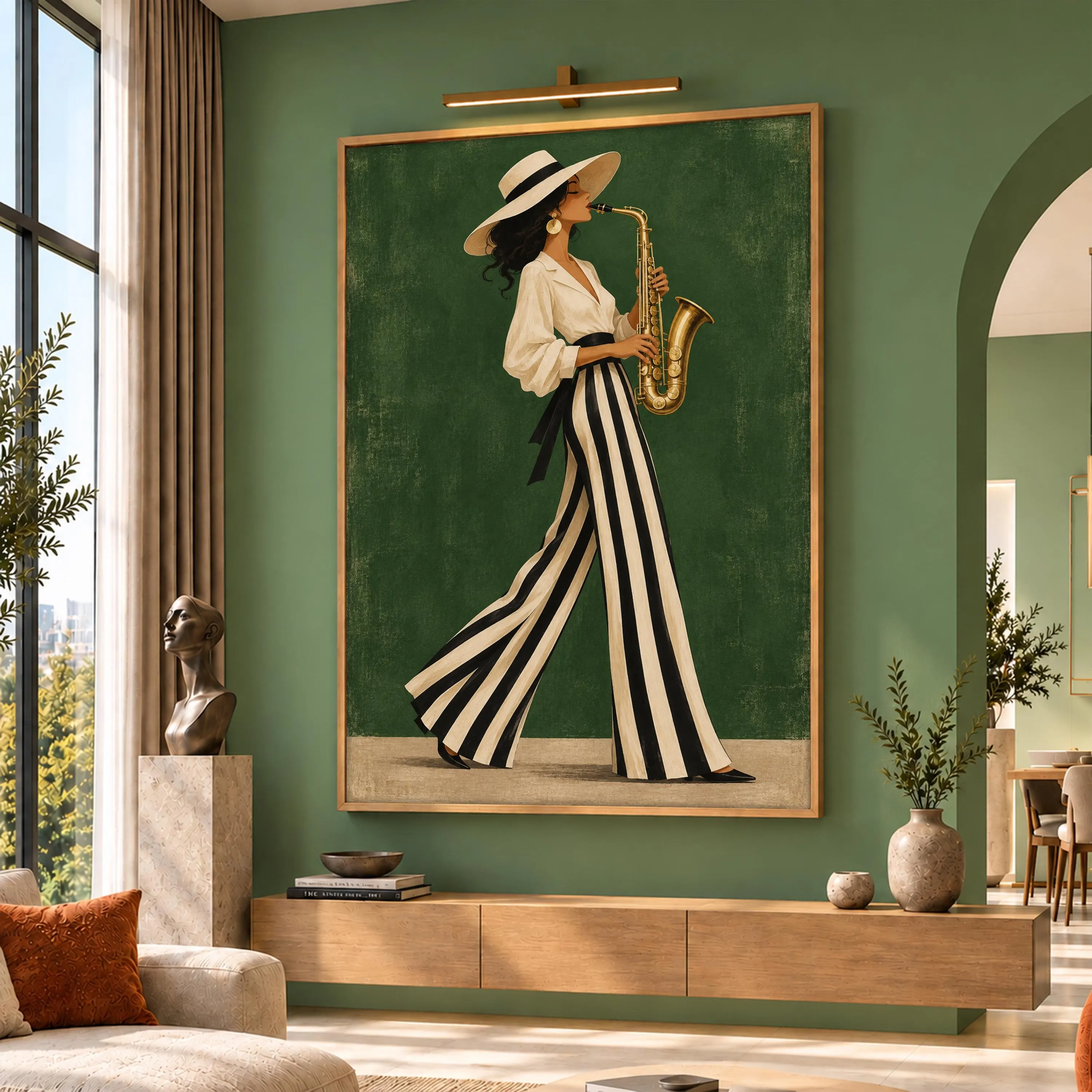 Saxophone Woman Canvas Wall Art, Emerald Green Jazz Music Print, Elegant Fashion Lady Portrait, Vintage Lounge Decor, Classic Musician Gifts
