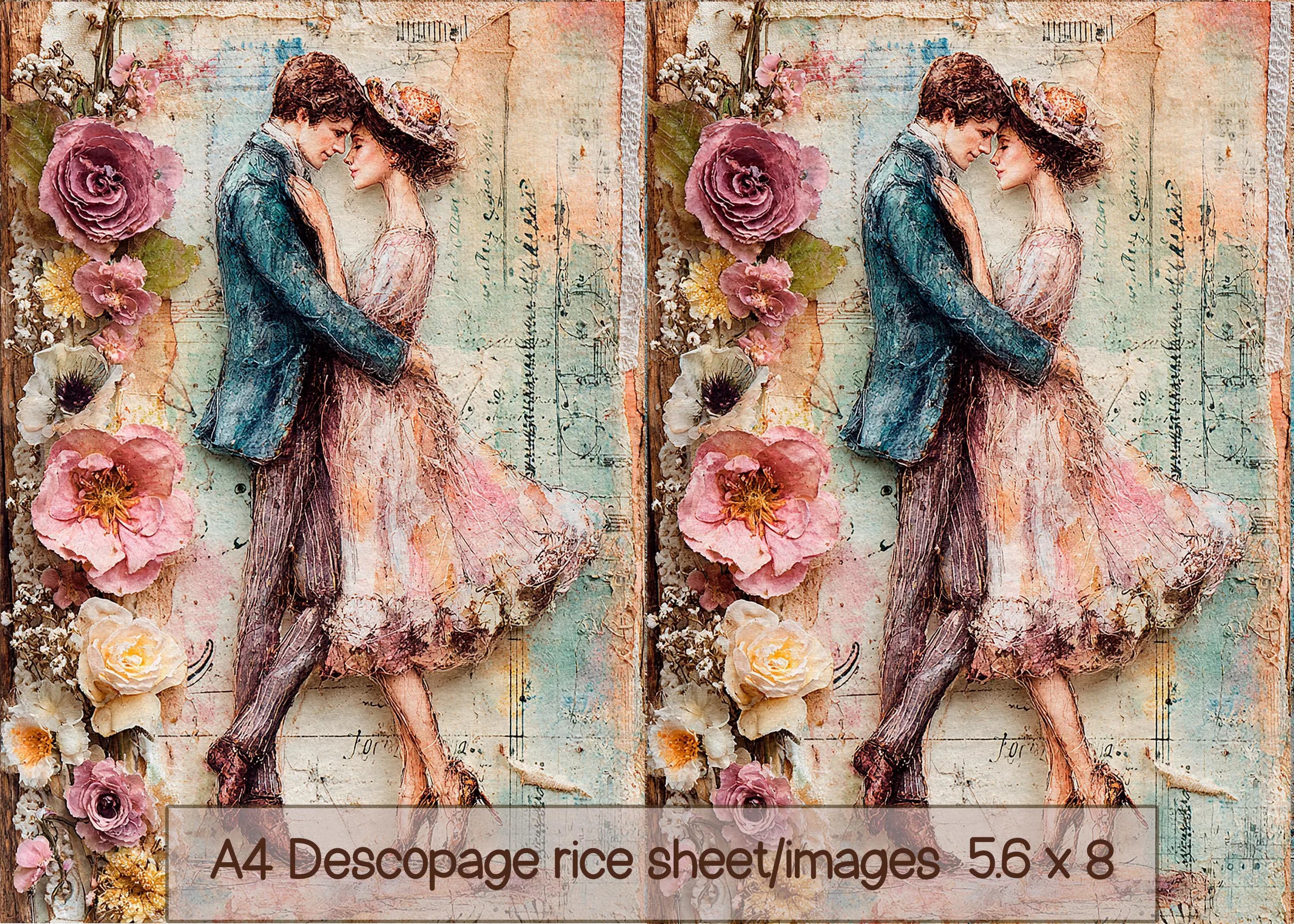 Vintage Romantic Couple Rice Paper for Decoupage, Shabby Chic Victorian Mulberry Paper A4, French Country Art Paper for Mixed Media DIY - image 4